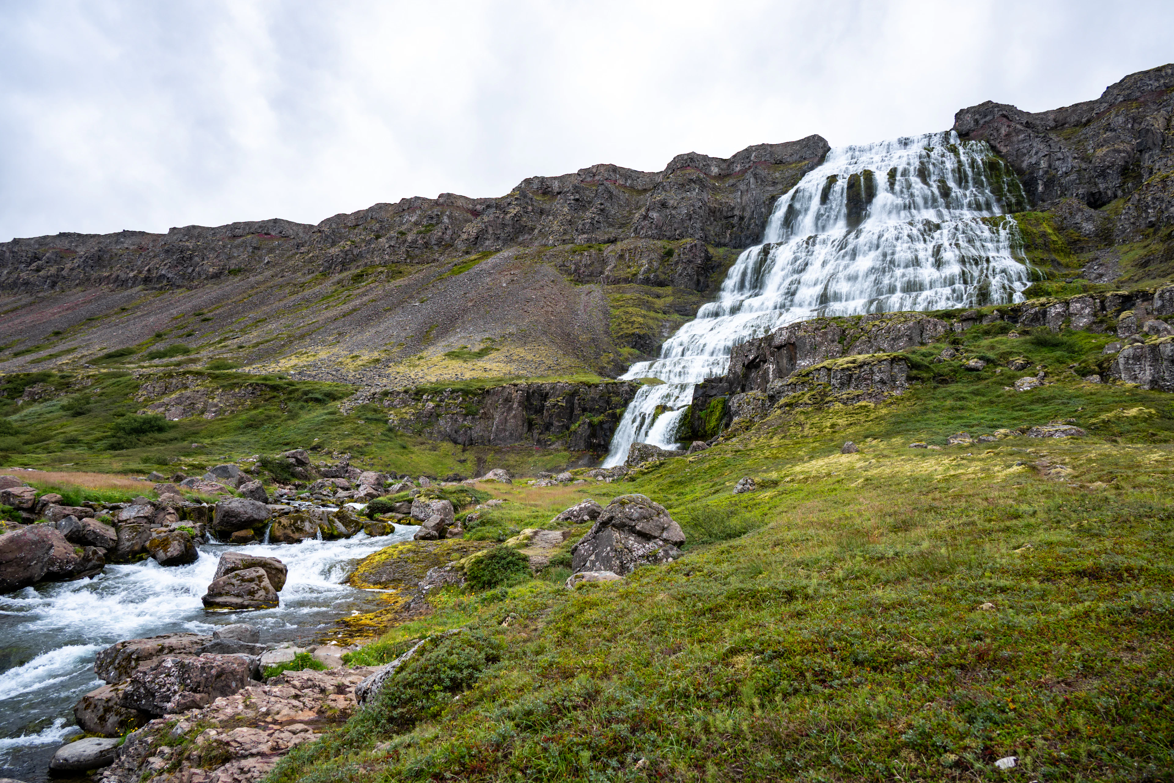 The broad, tiered Dynjandi waterfall spilling down a green mountainside in the Westfjords