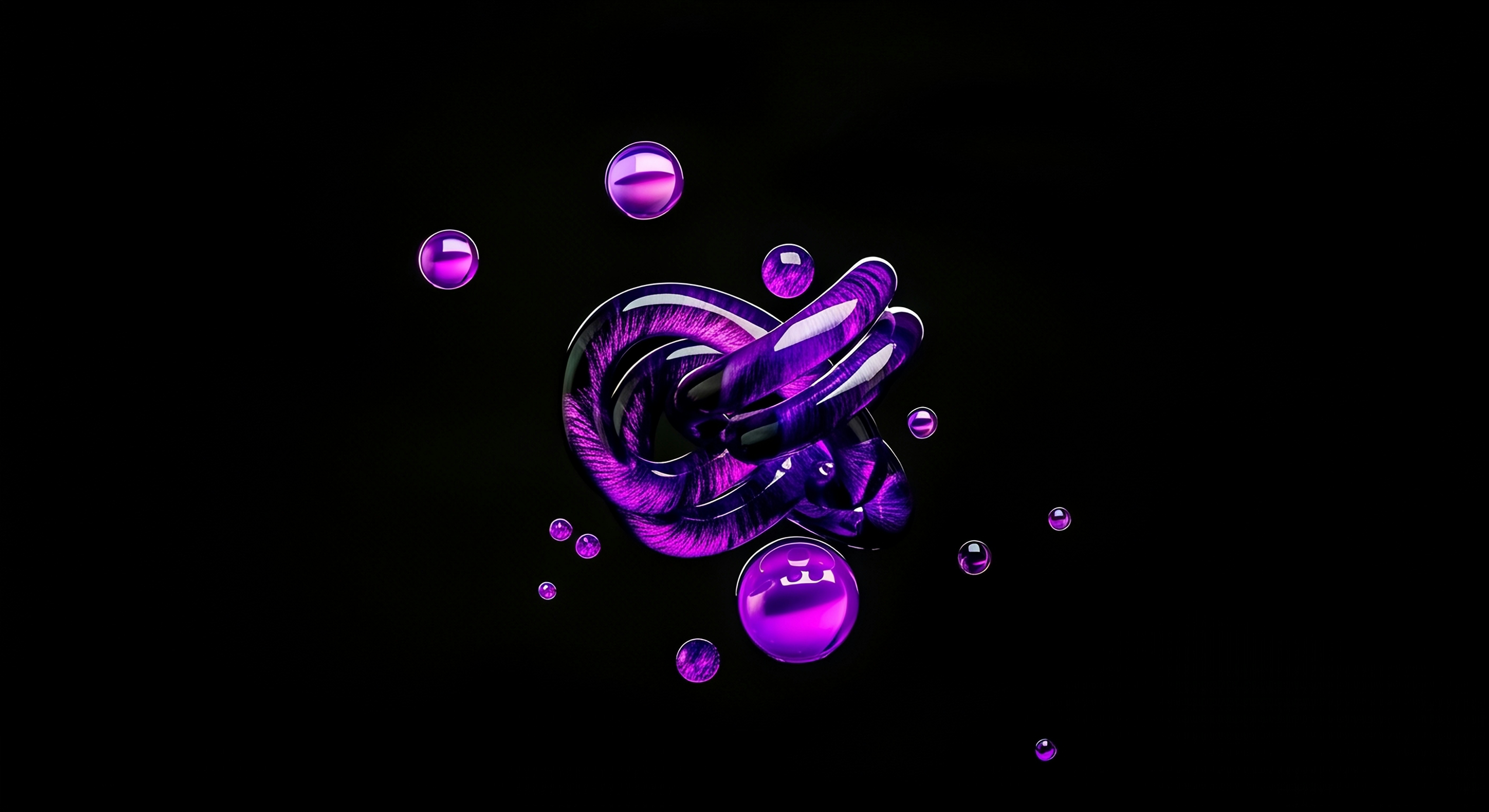 Abstract purple metallic knot with floating spheres
