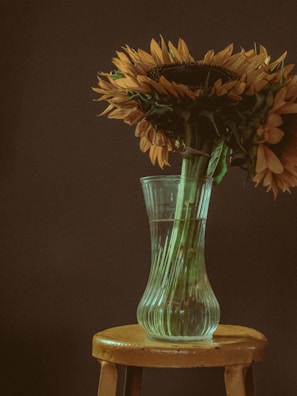 Sunflowers in a glass vase on a stool.
