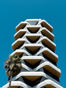 Modern building with geometric design and palm tree.