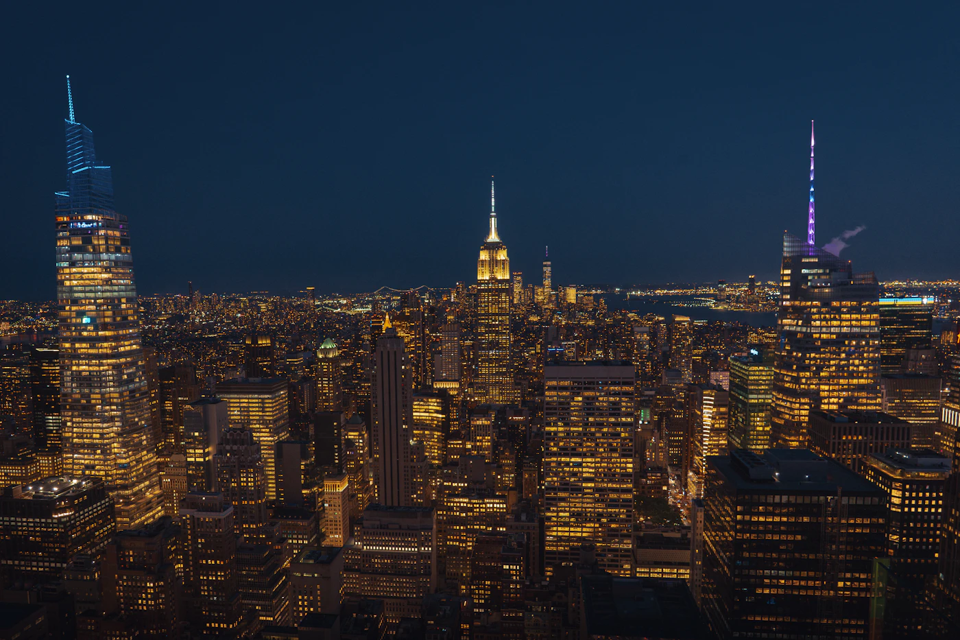 New York City skyline illuminated at night