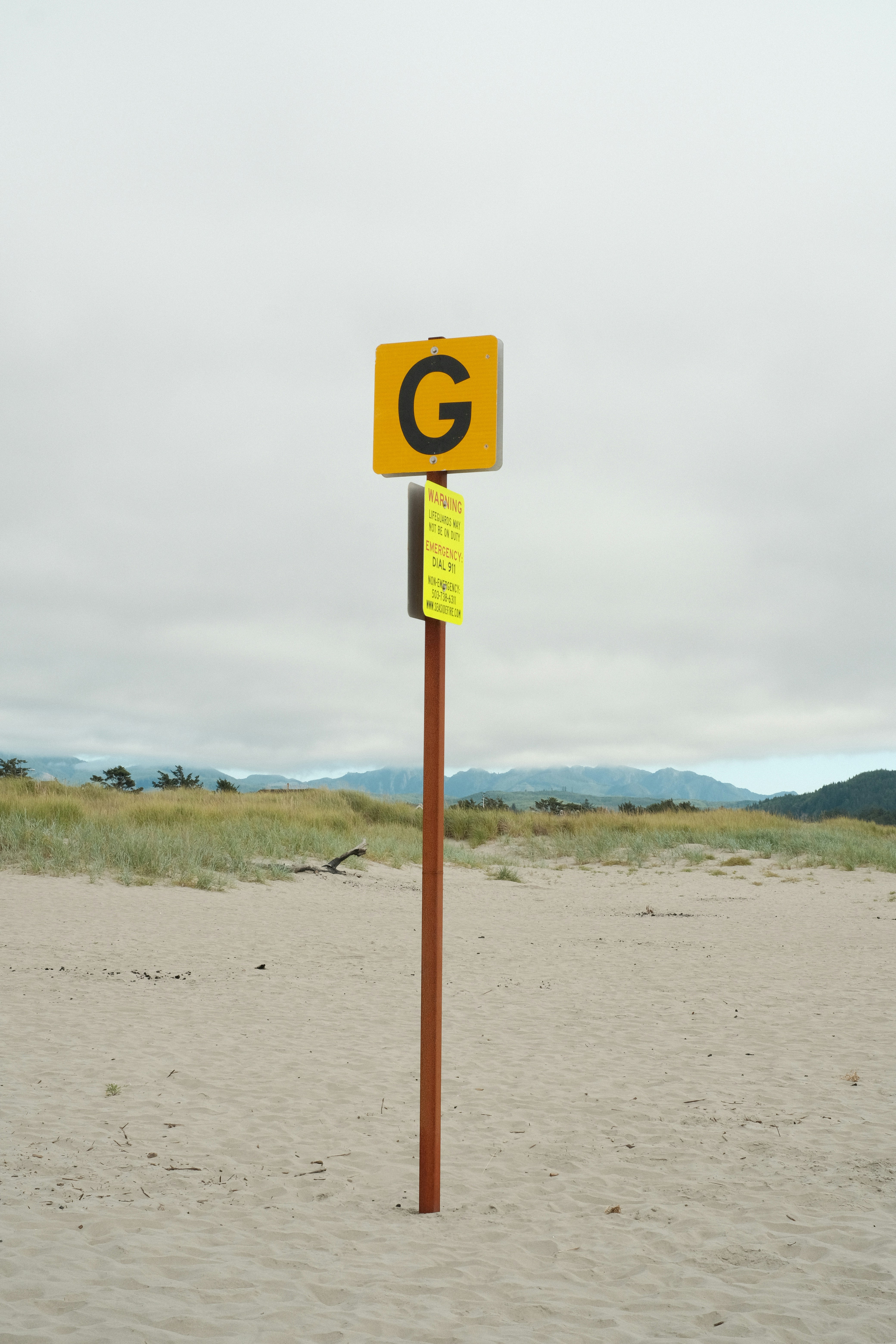 A yellow sign with the letter g on a post.