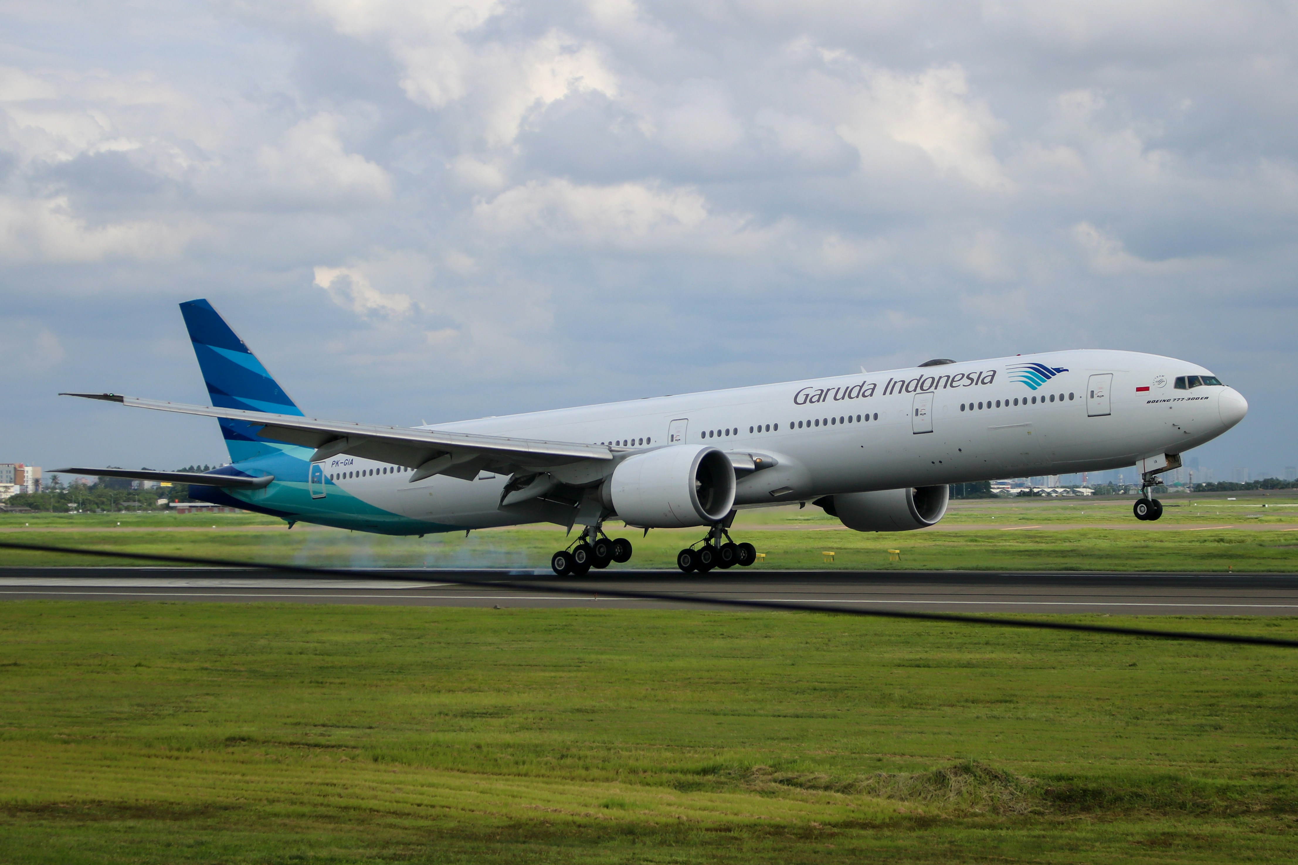Airplane landing on a grassy runway under cloudy skies.