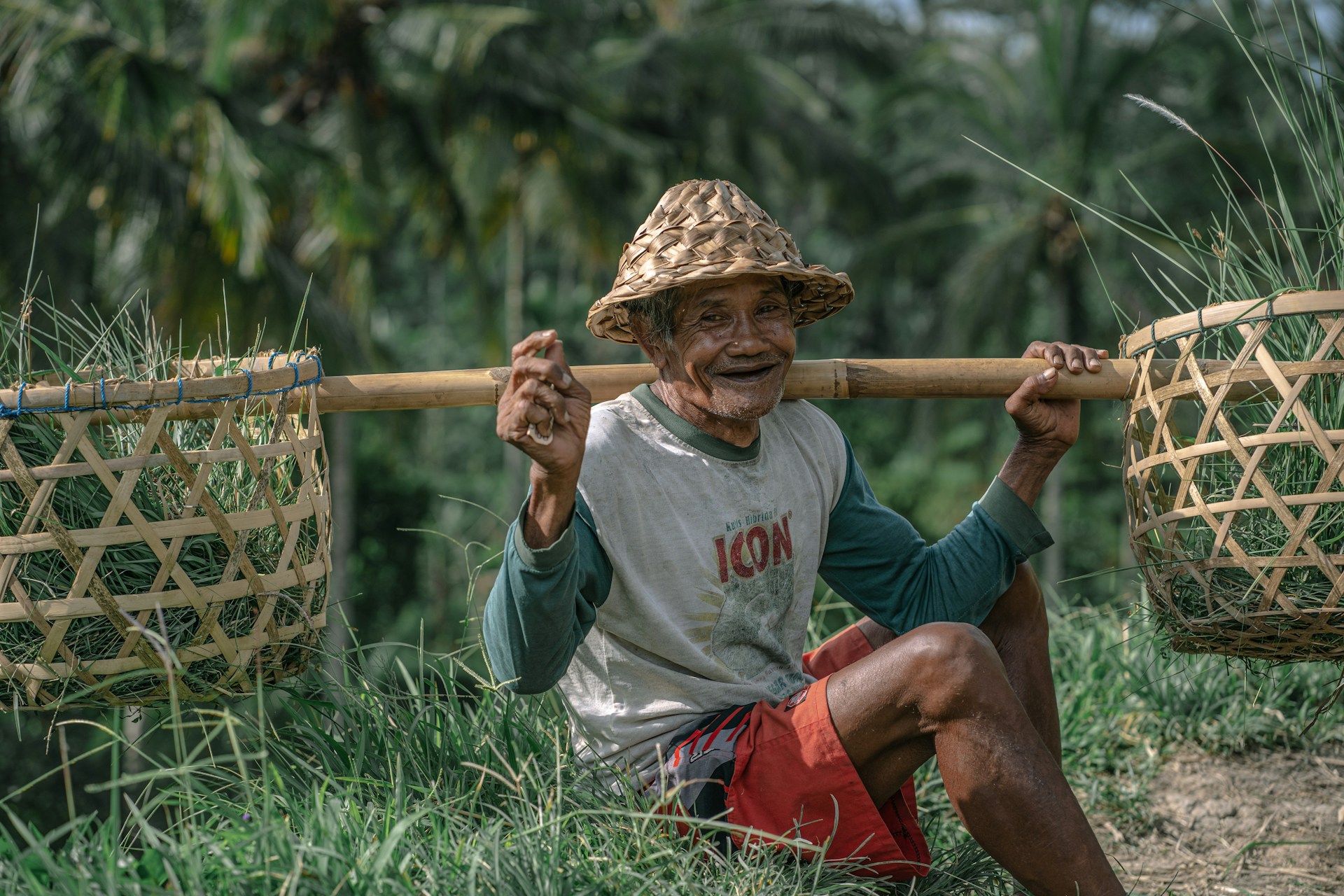 Person carrying baskets on a bamboo pole