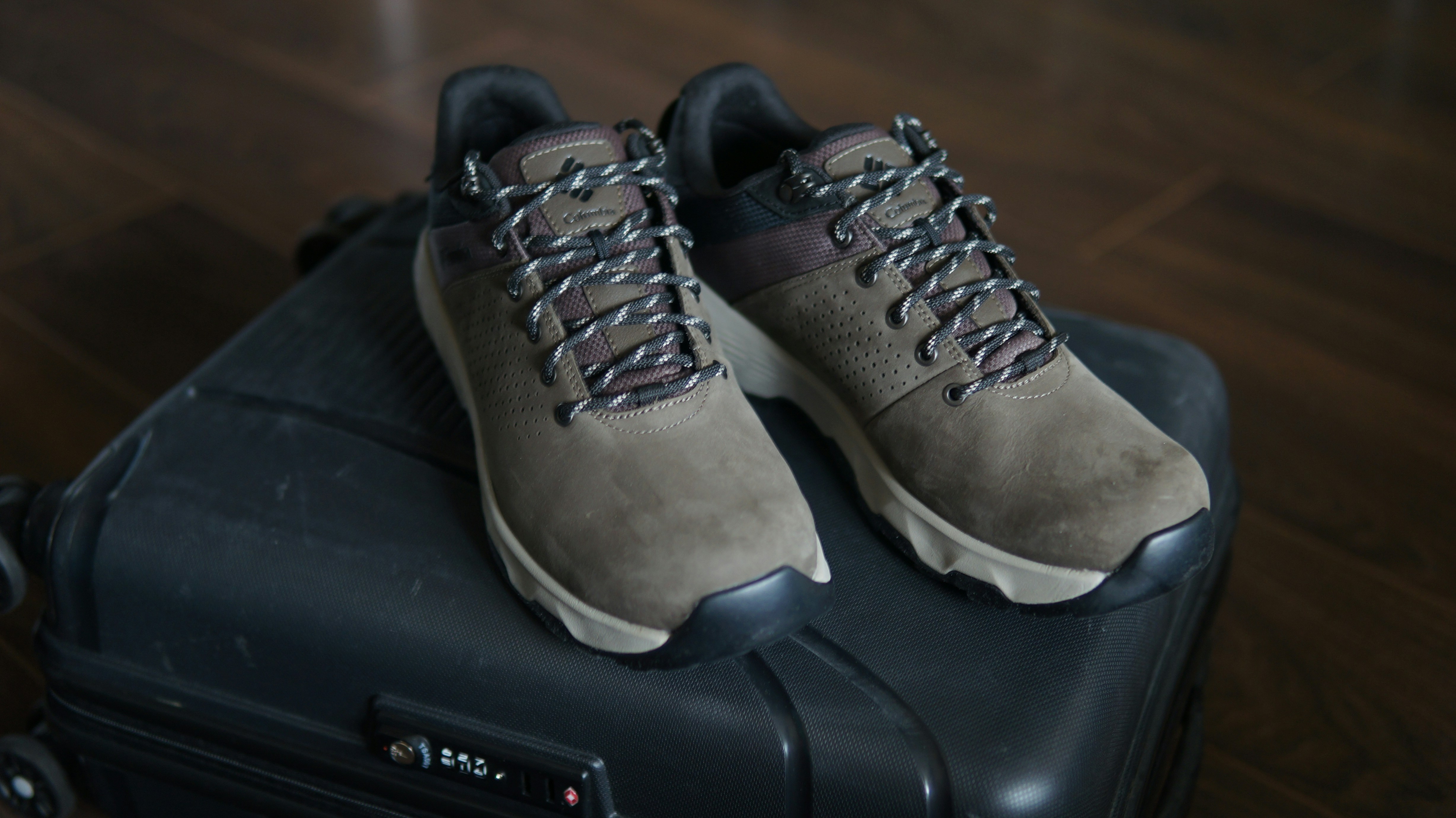 Pair of athletic shoes resting on a suitcase