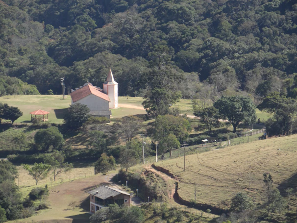 Small church nestled in a lush green valley.