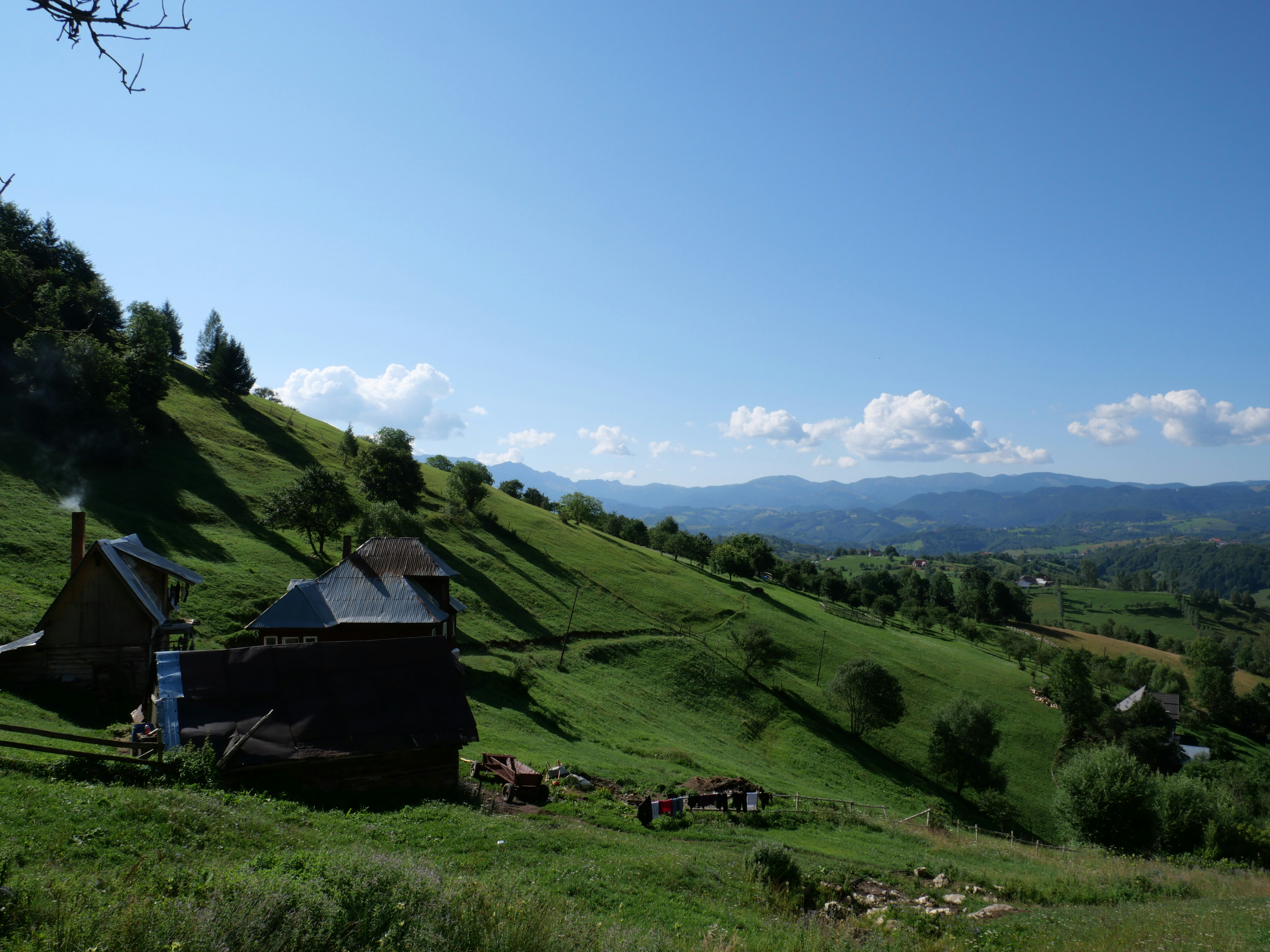 Green rolling hills with a clear blue sky