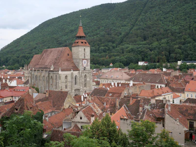Medieval town with a large church and mountain background