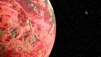 Red planet with a small moon in space