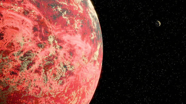 Red planet with a small moon in space