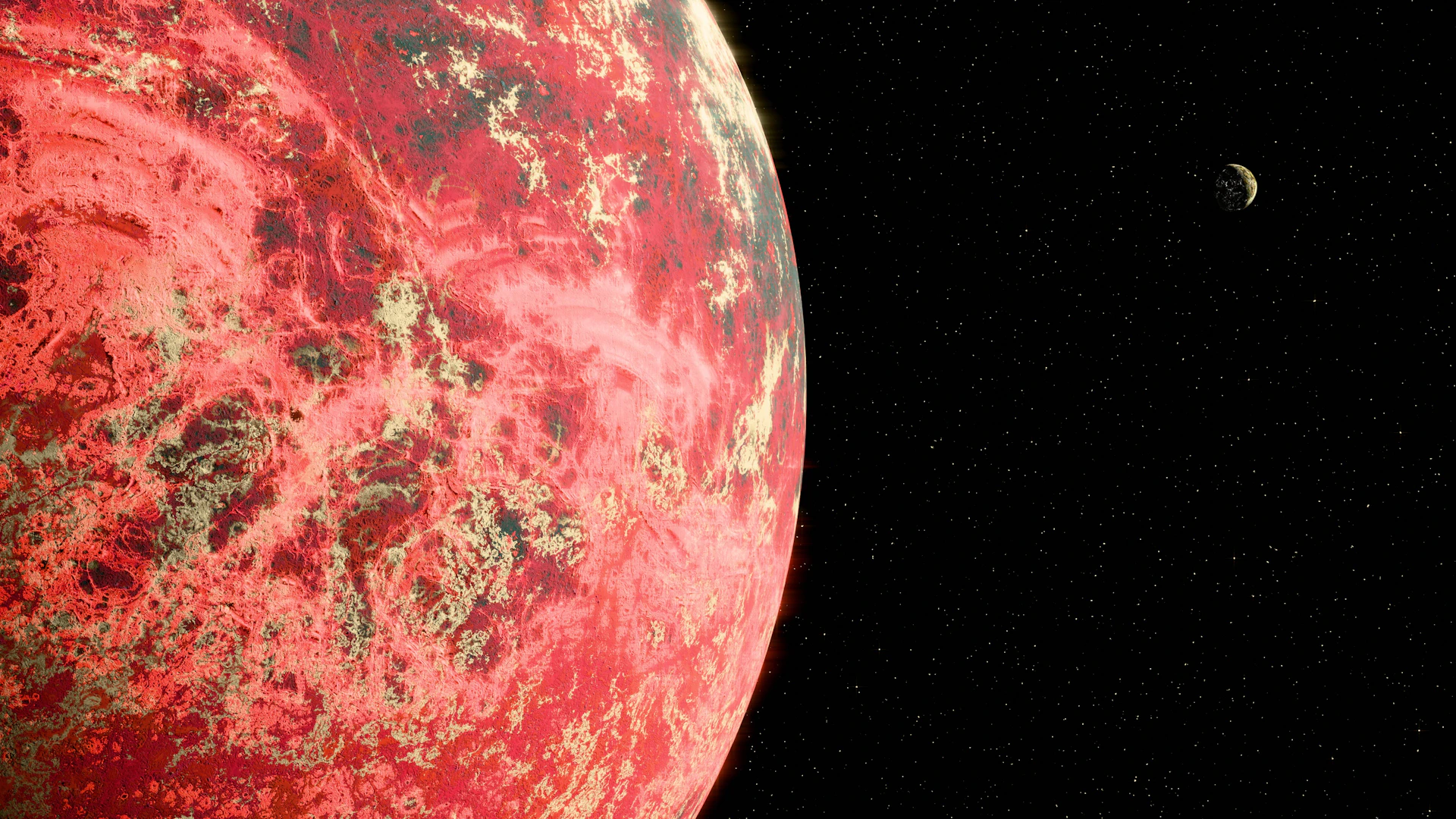Red planet with a small moon in space