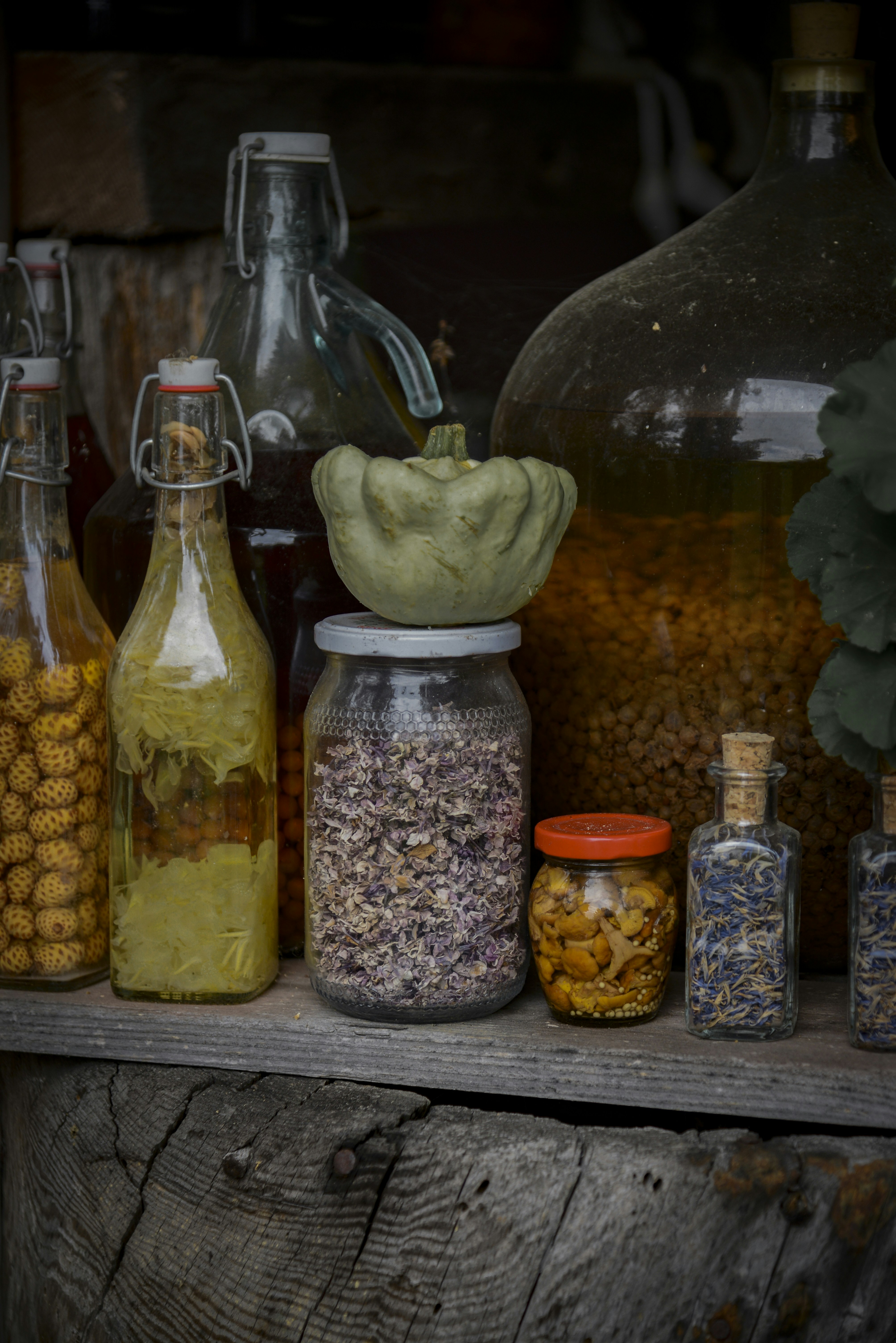 Various jars and bottles filled with colorful ingredients