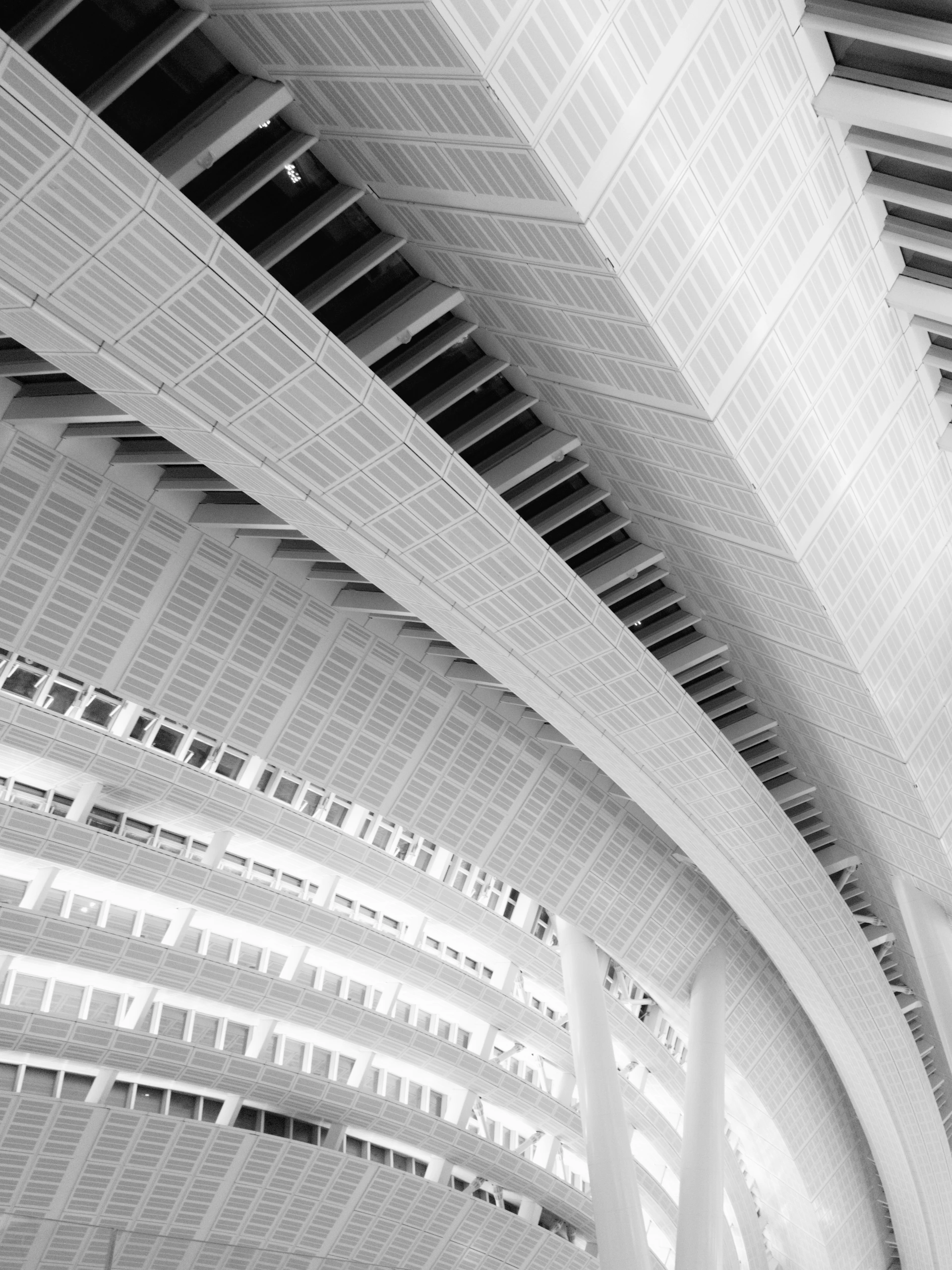 Modern architectural interior with curved white ceiling elements.