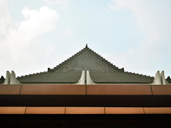 Traditional asian roof architecture against a cloudy sky