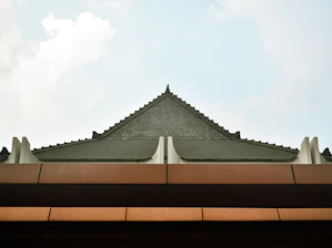 Traditional asian roof architecture against a cloudy sky