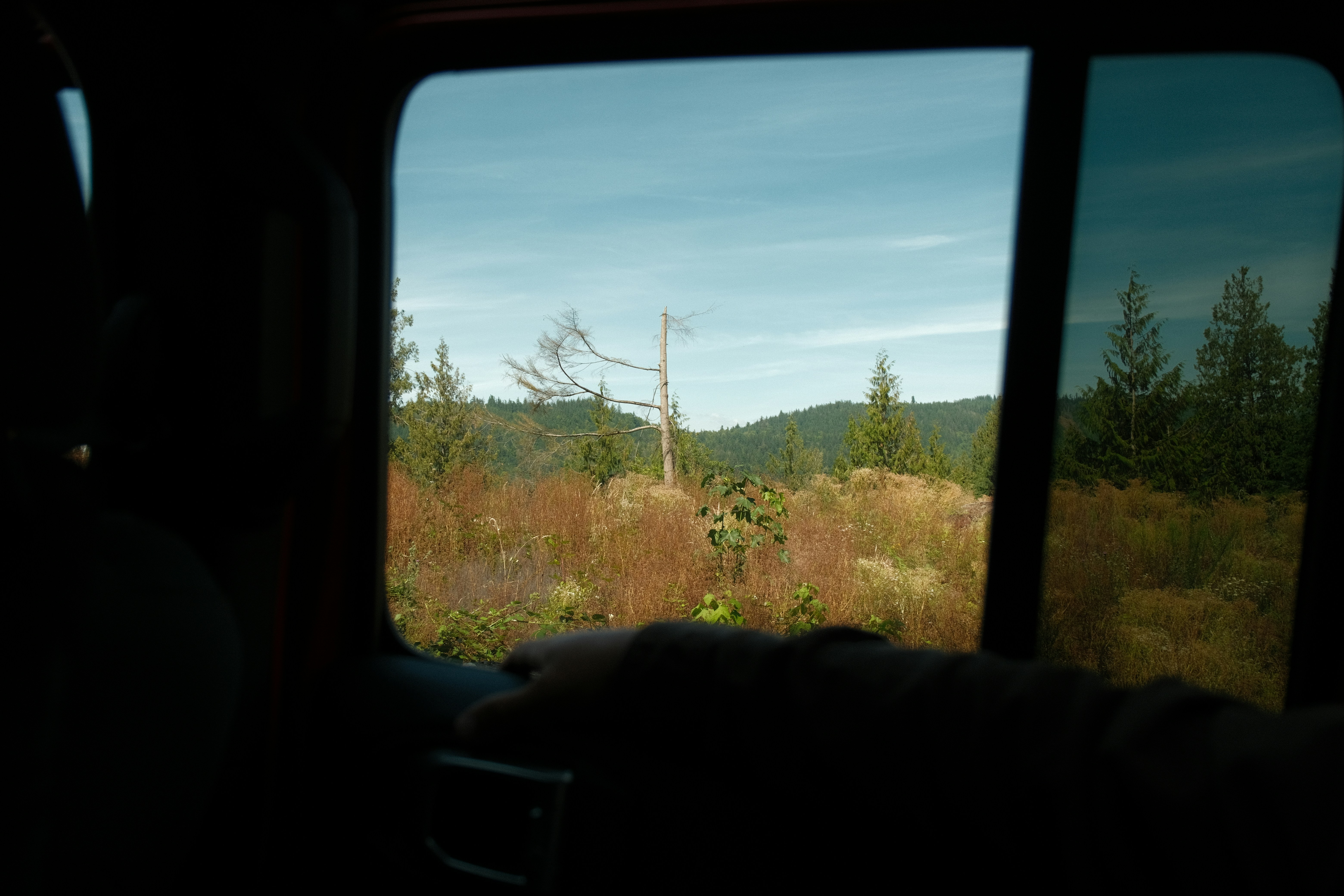 View of a landscape through a car window.