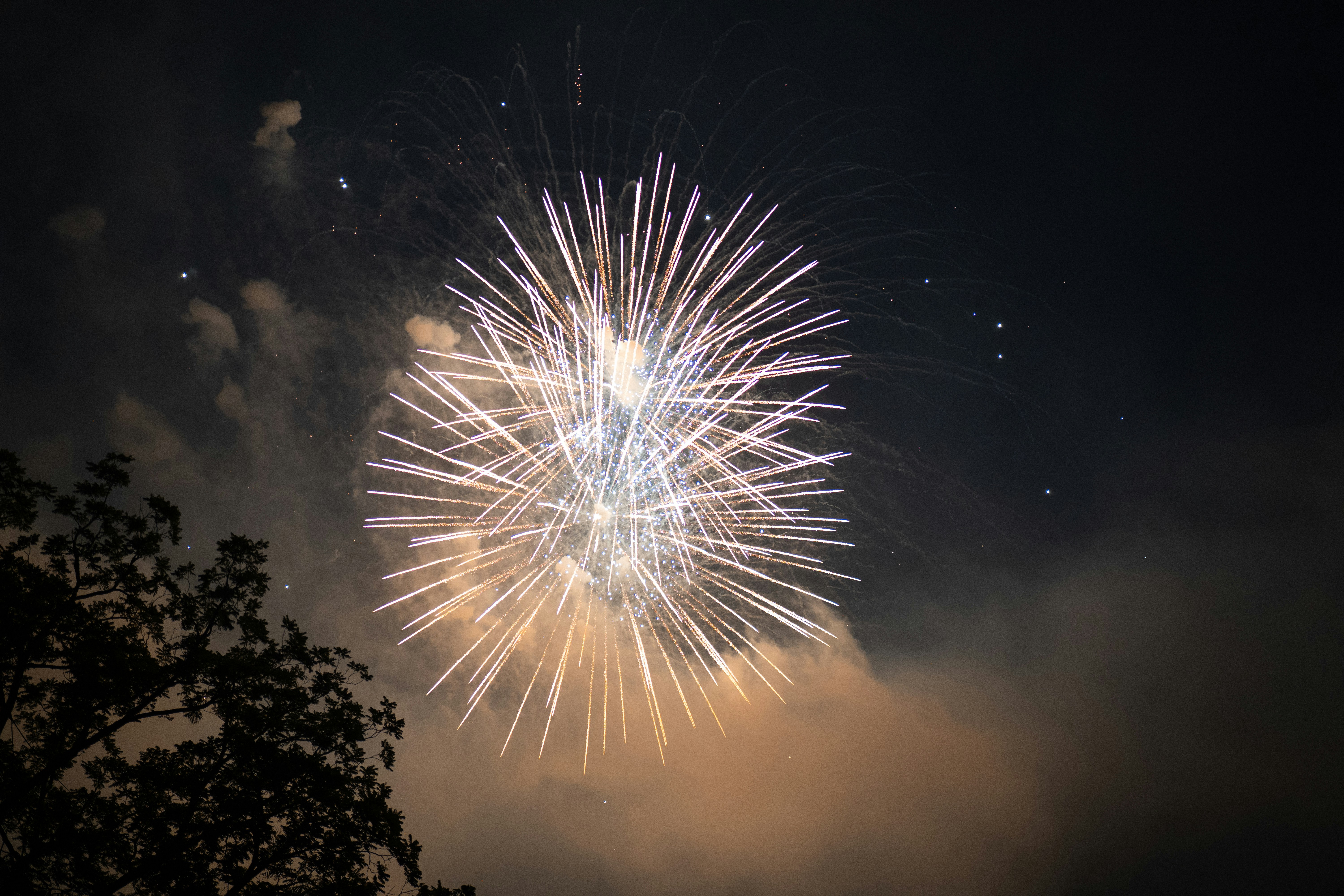 Fireworks explode in the night sky with smoke