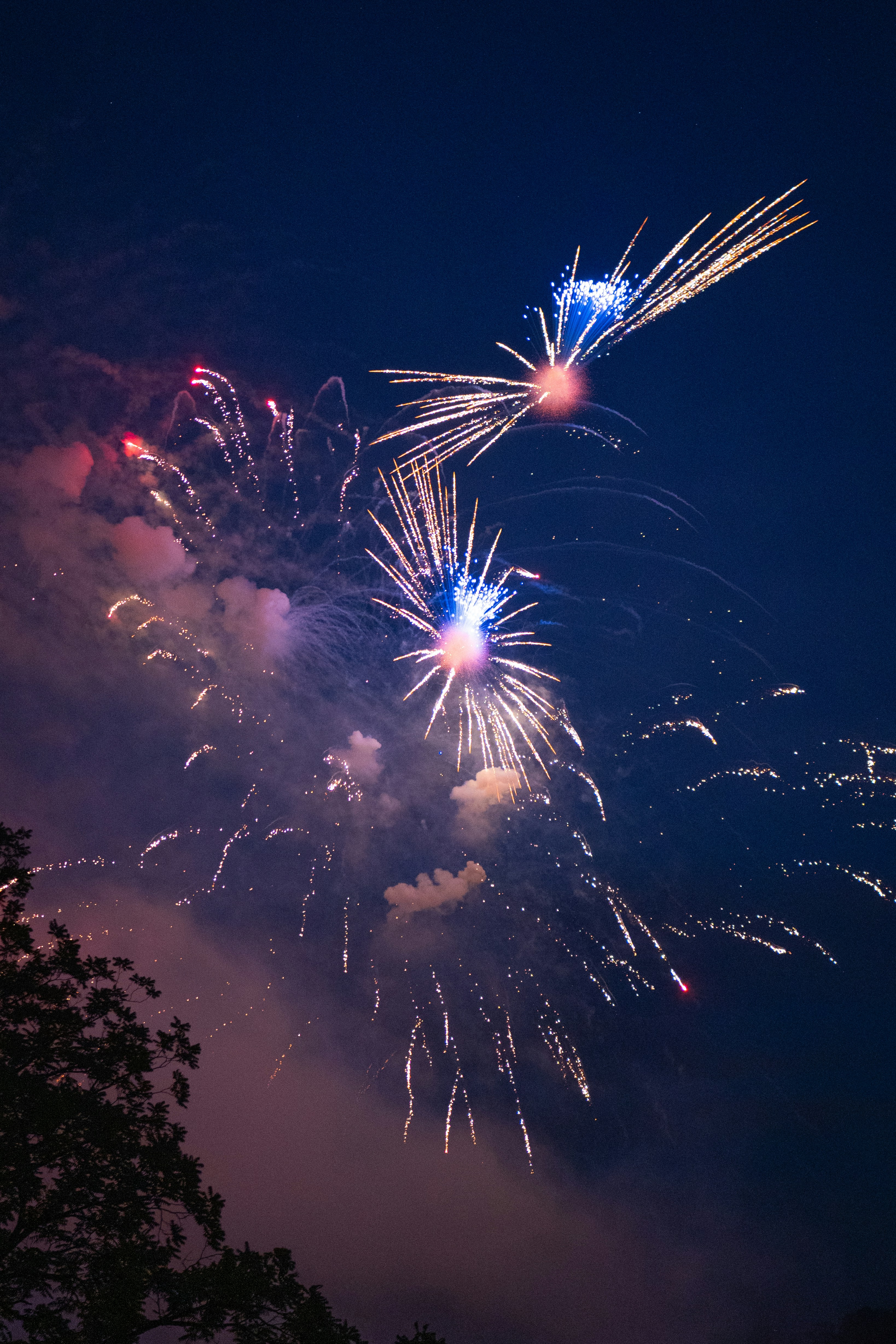 Bright fireworks explode in the dark night sky