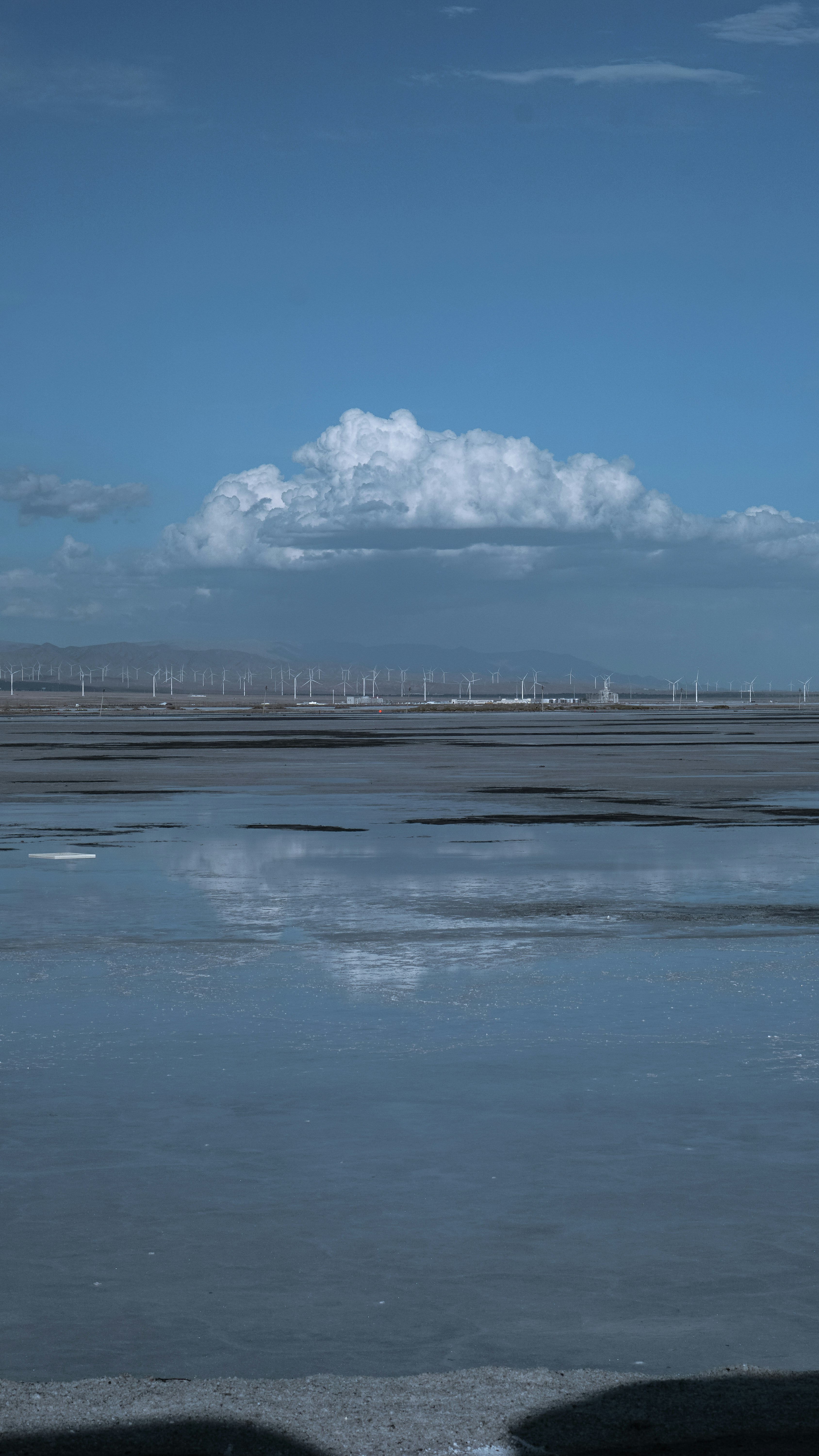 Wind turbines in a vast landscape with reflective water