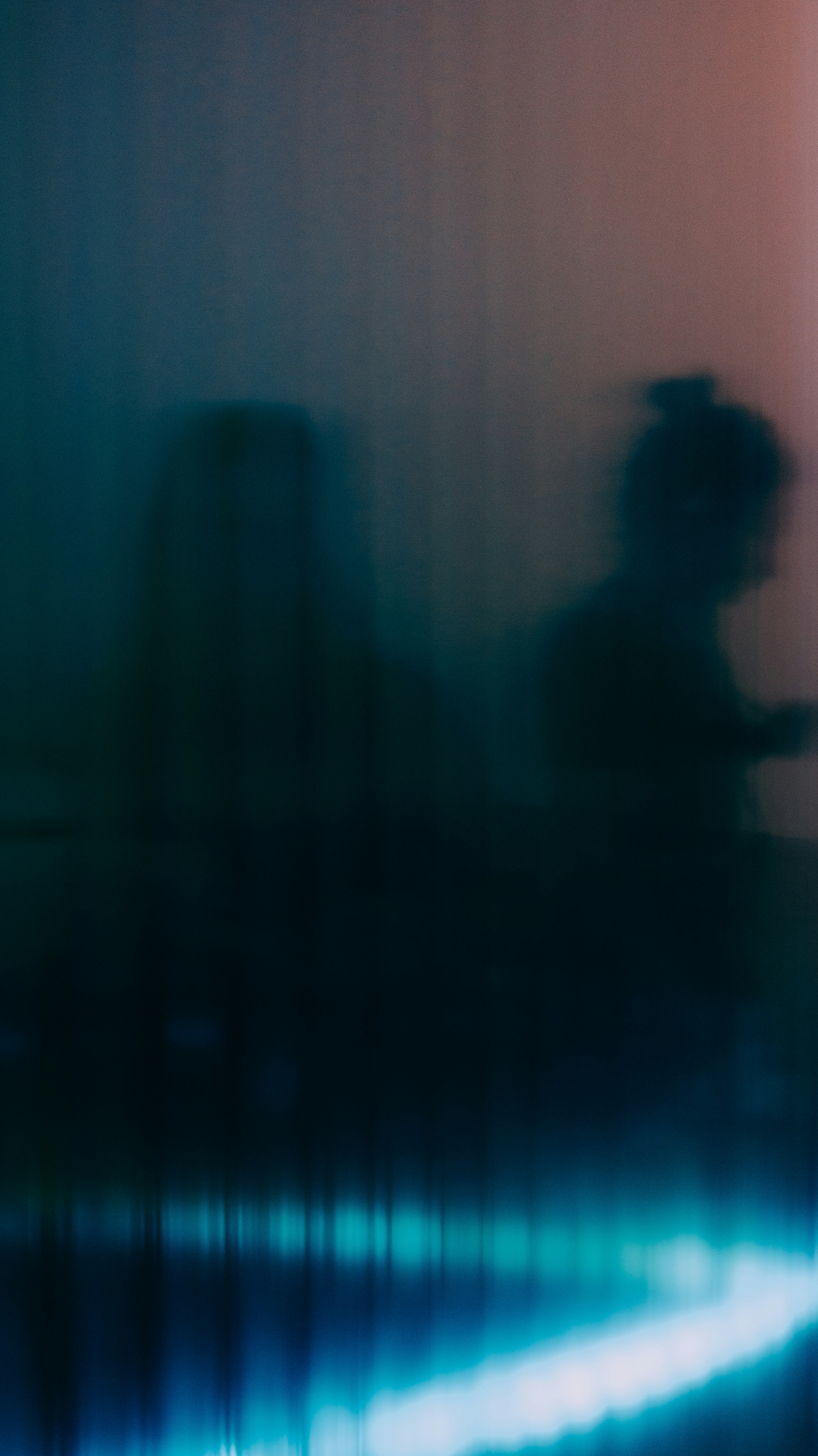 Silhouettes of people in a dimly lit, atmospheric setting.