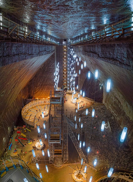 Industrial interior with lights and circular structures