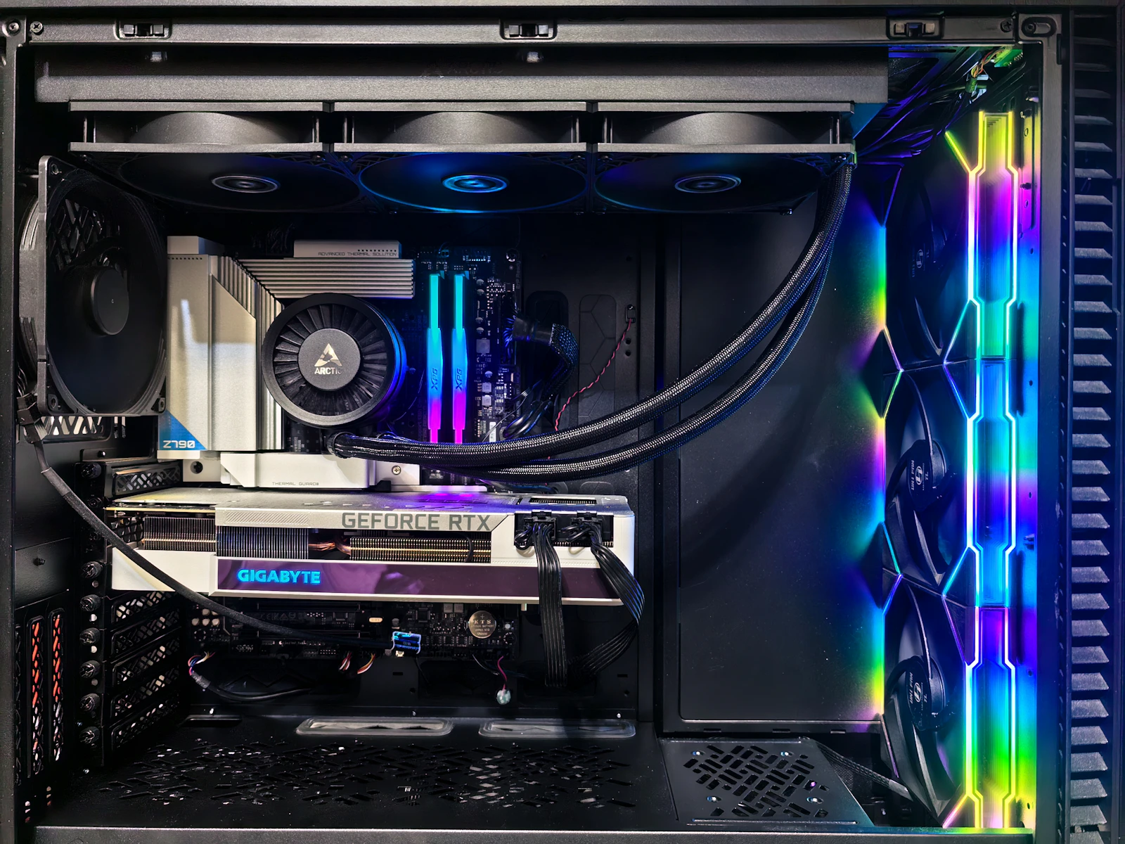 High-end gaming PC with GeForce RTX graphics, liquid cooling and multicolor RGB LED lighting