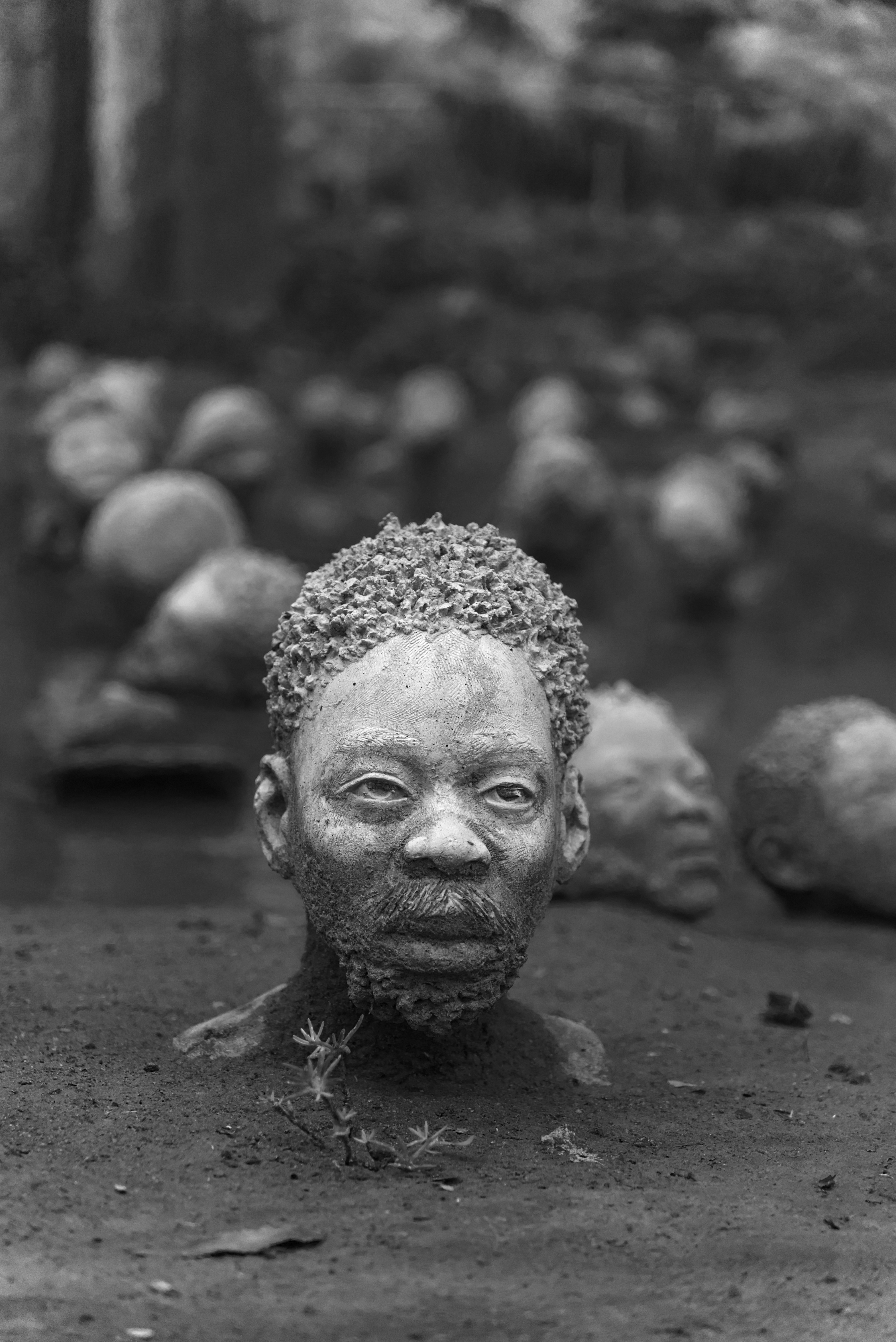 Man's head emerges from dark soil with others behind him.
