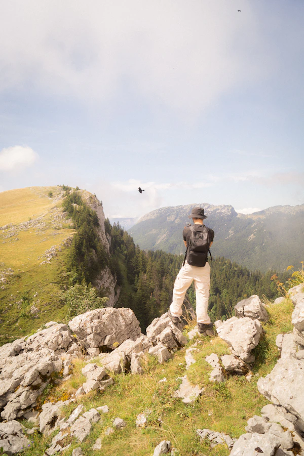 Backpacker hiking mountain