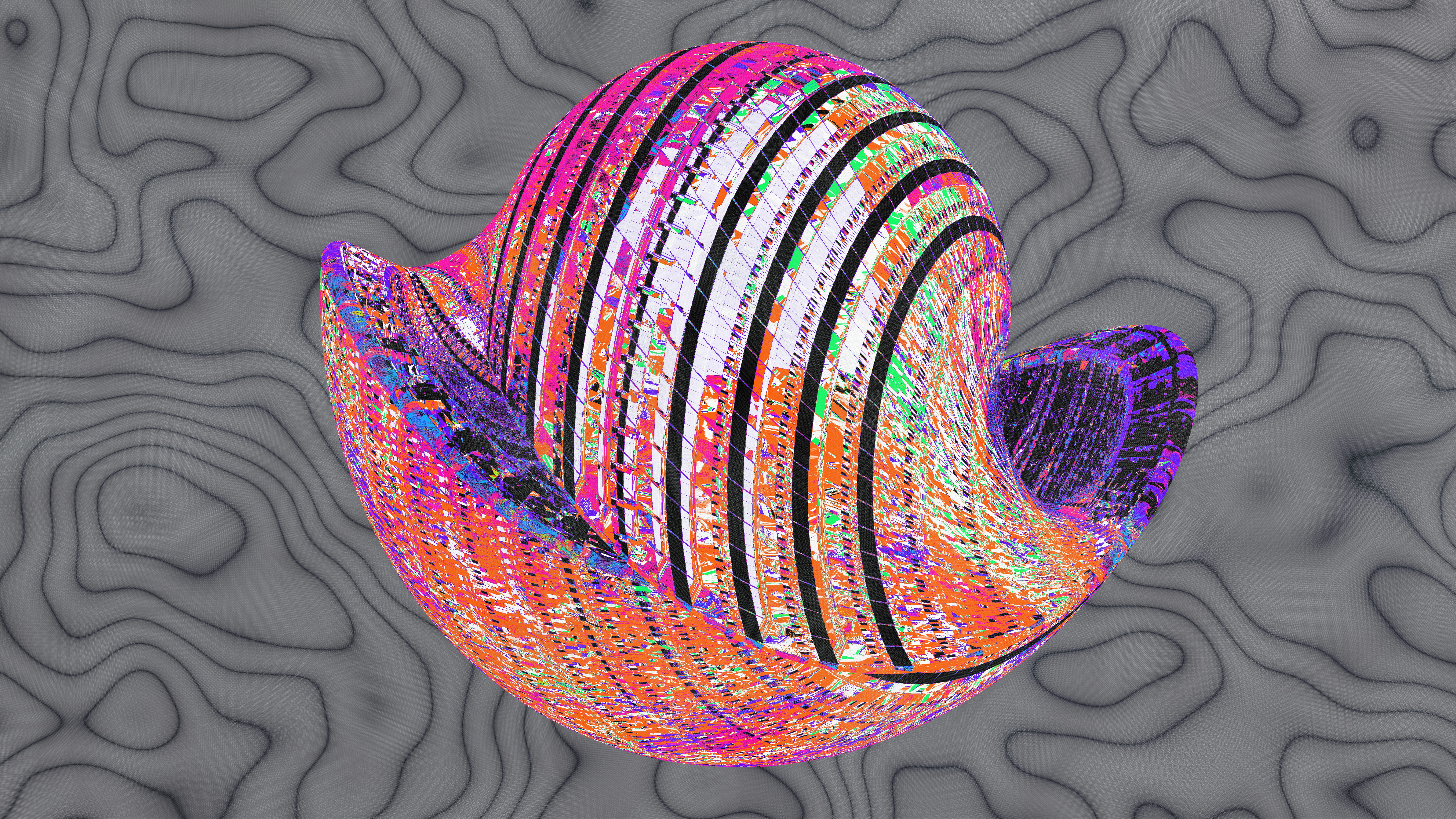 A colorful glass sculpture with swirling patterns.