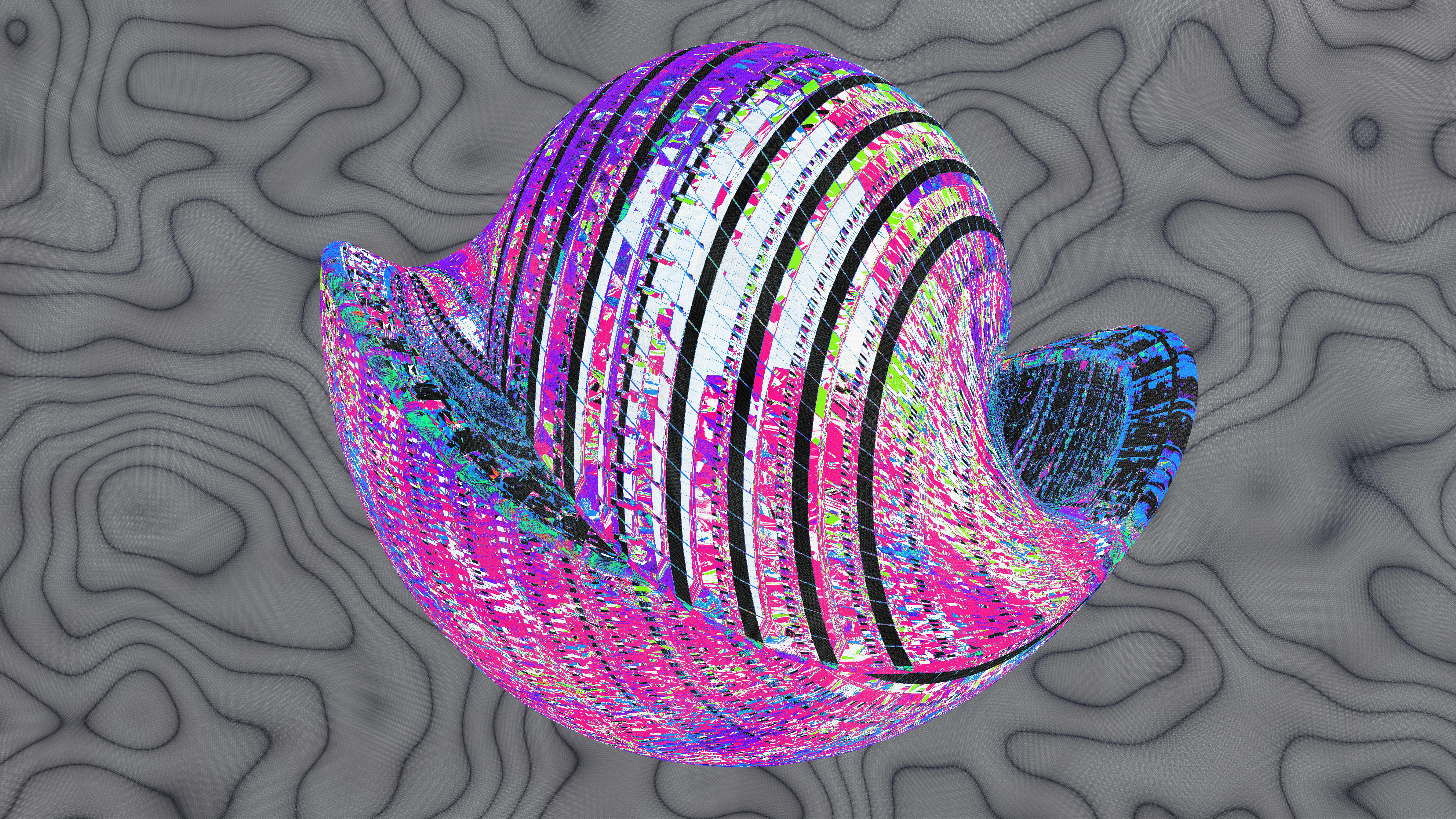 Abstract glass sculpture with purple and pink swirls