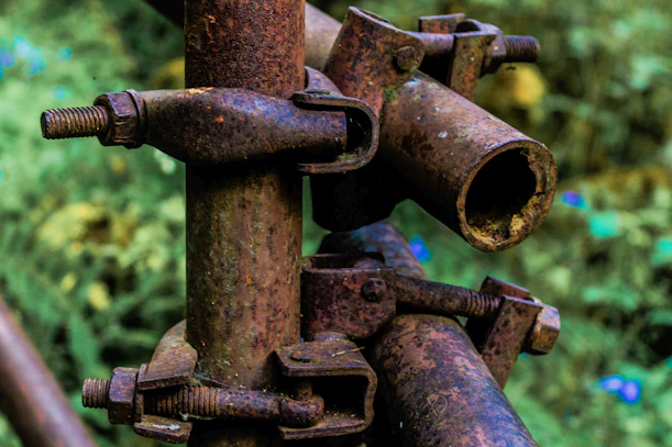 Rusty pipes and fittings in overgrown greenery