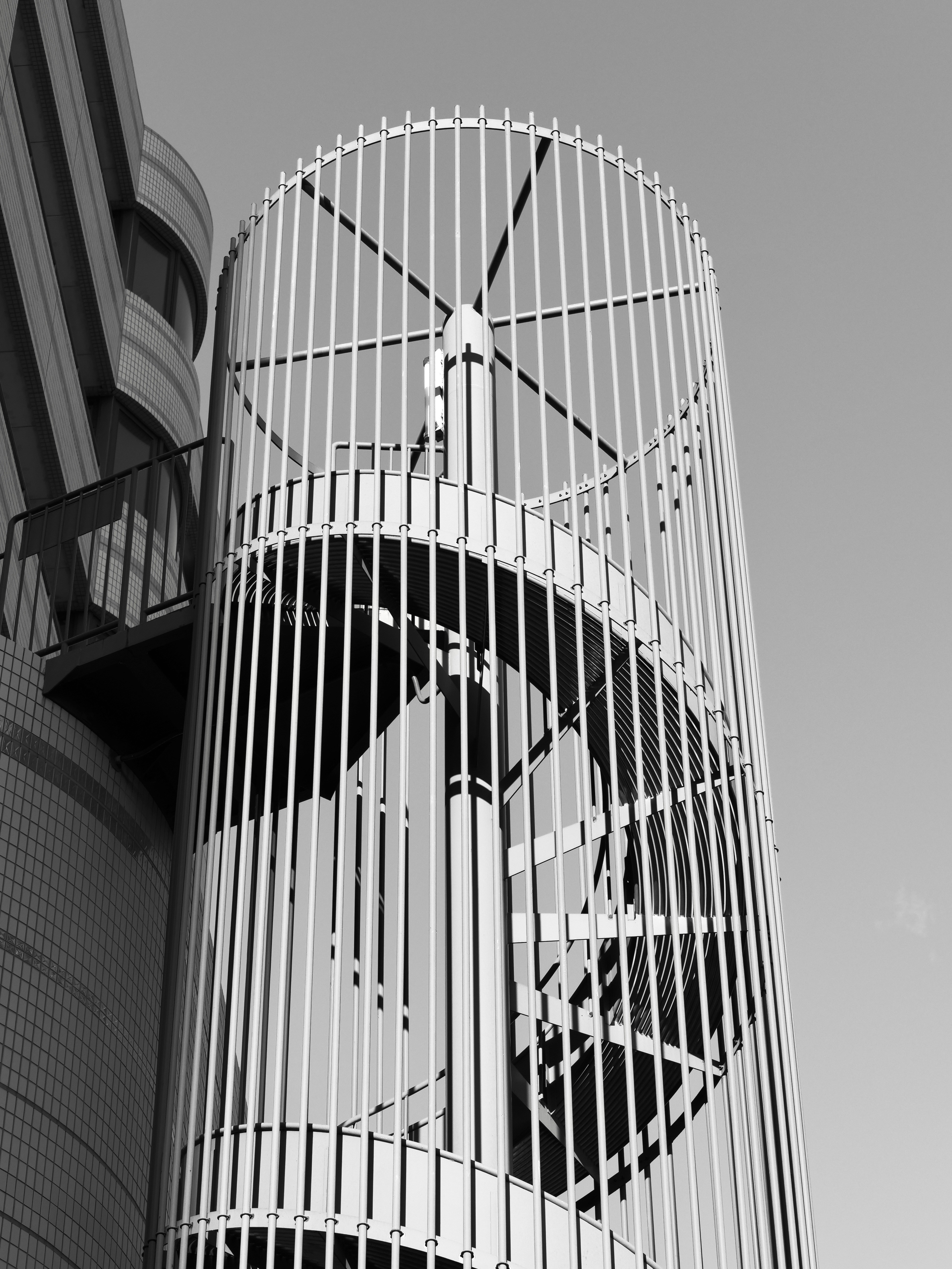 Modern spiral staircase encased in white metal structure