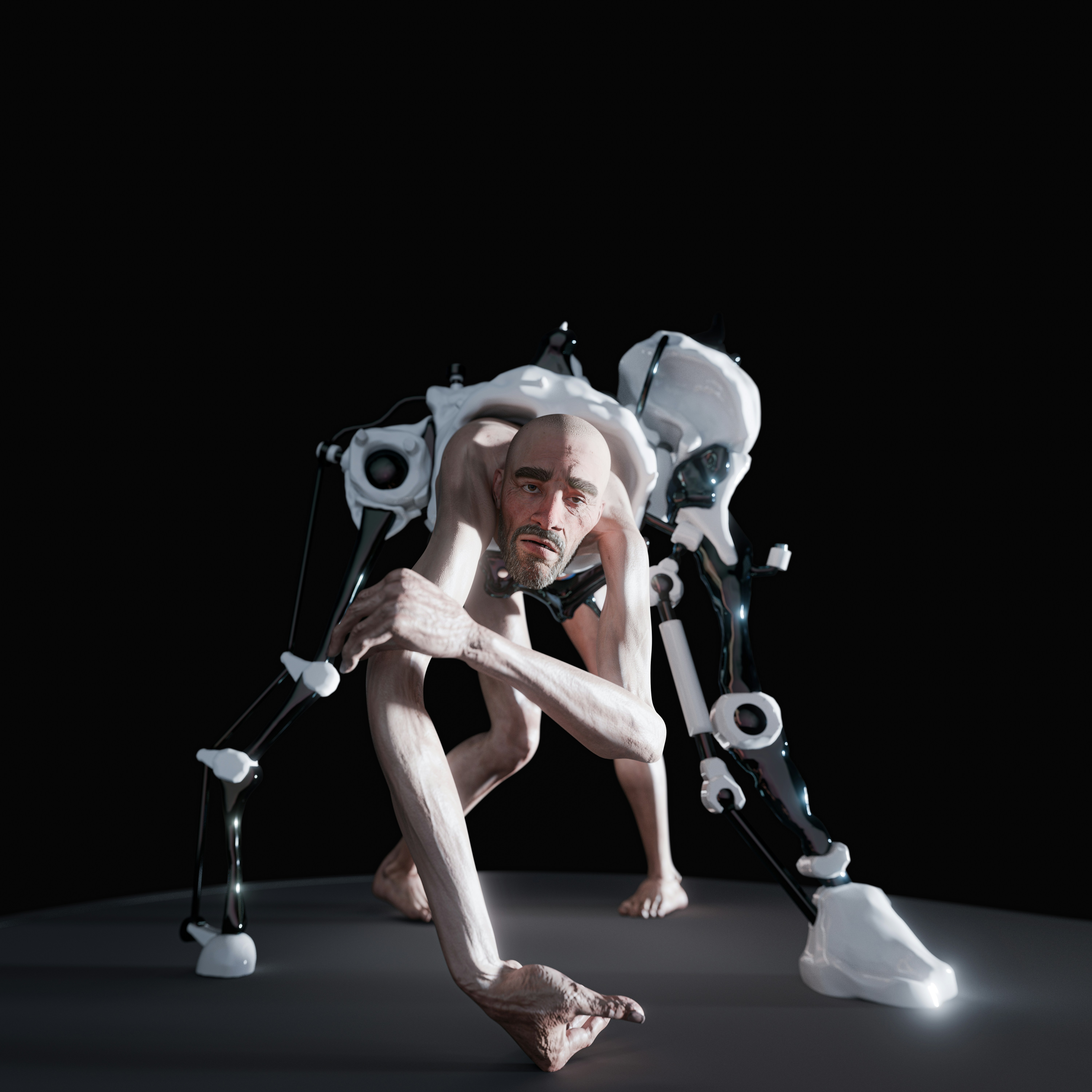 A person with a robotic exoskeleton sits in a dark room.