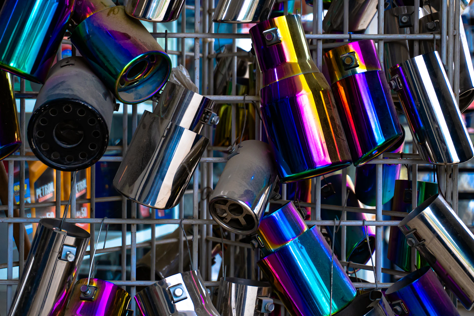 Colorful metallic pipes arranged in a grid