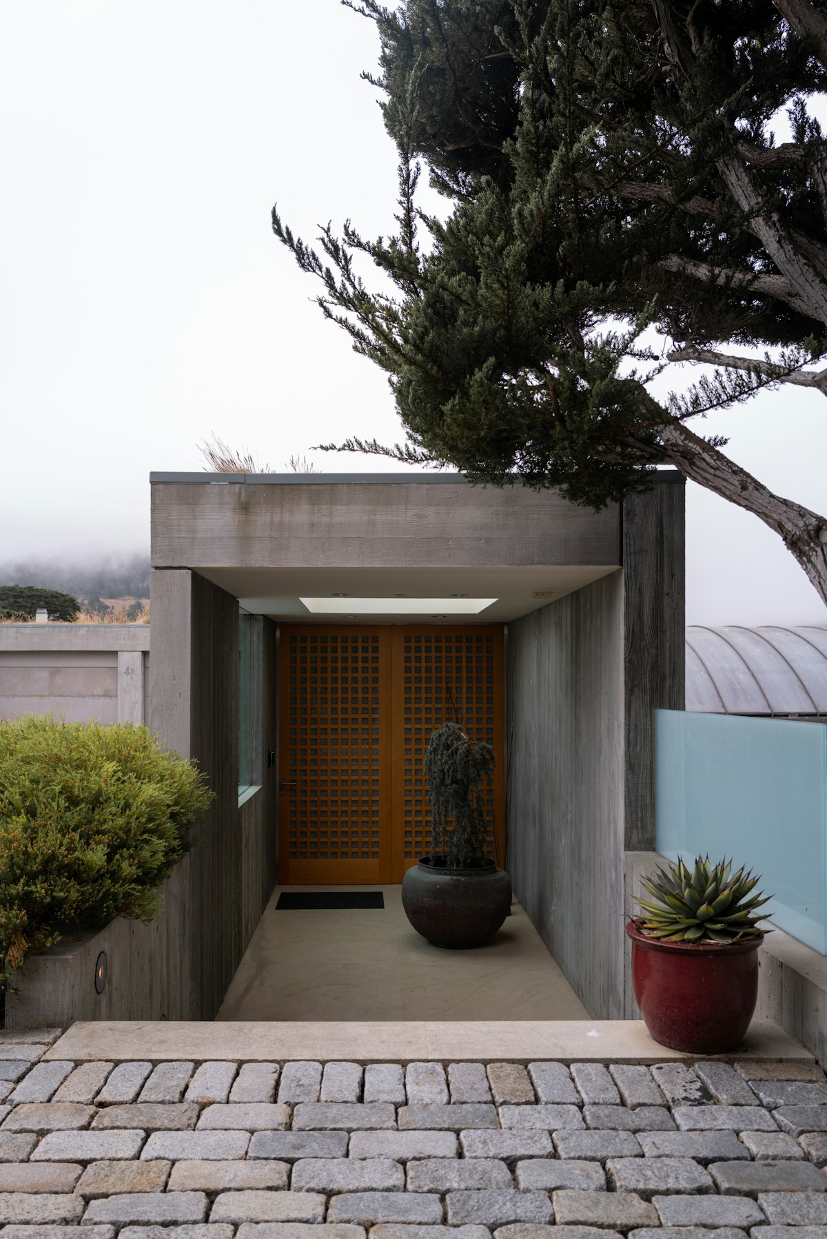 Entrada em concreto com porta de madeira e vegetação