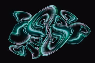 Abstract swirling green and purple shapes on black background