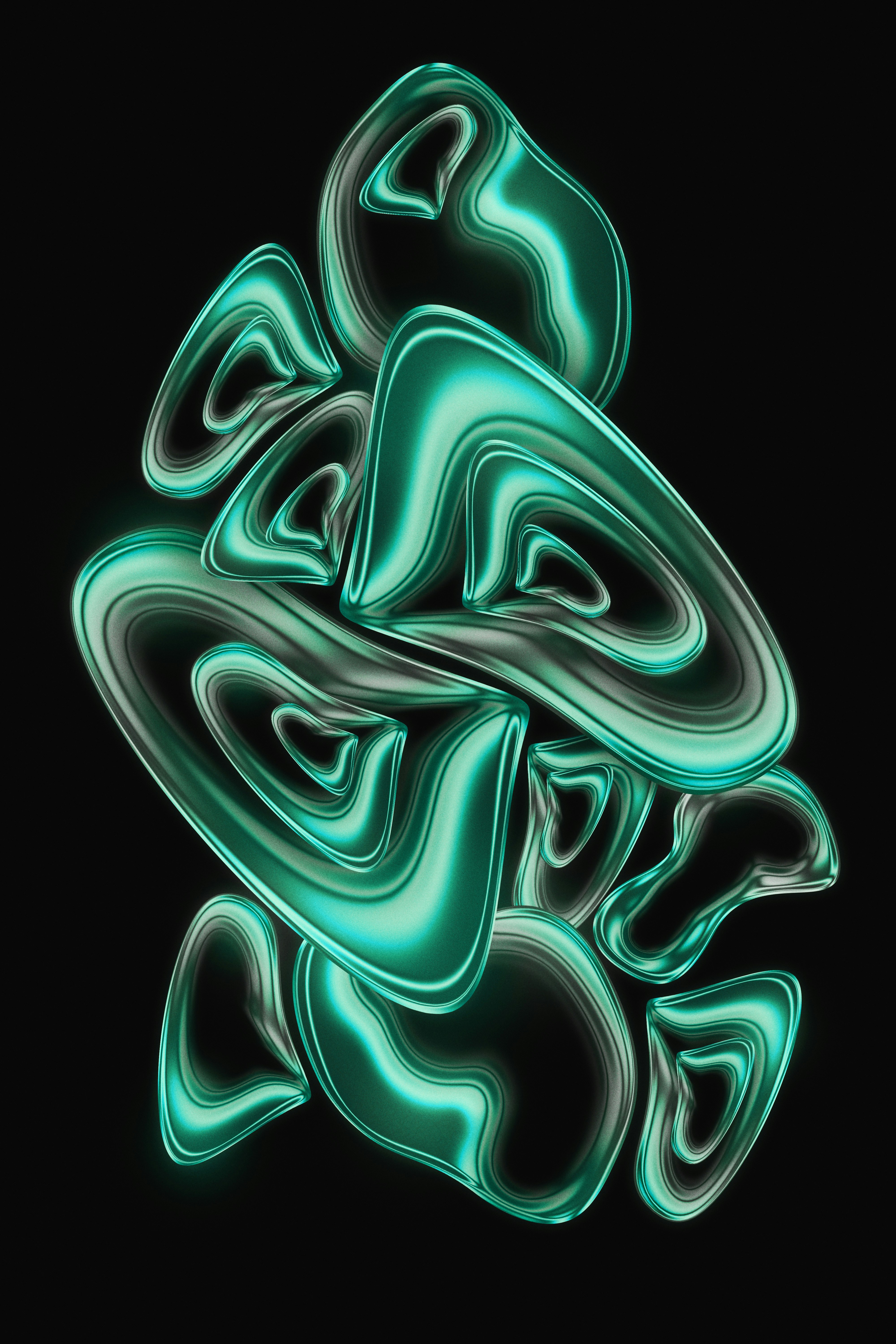 Abstract swirling shapes with teal and black colors