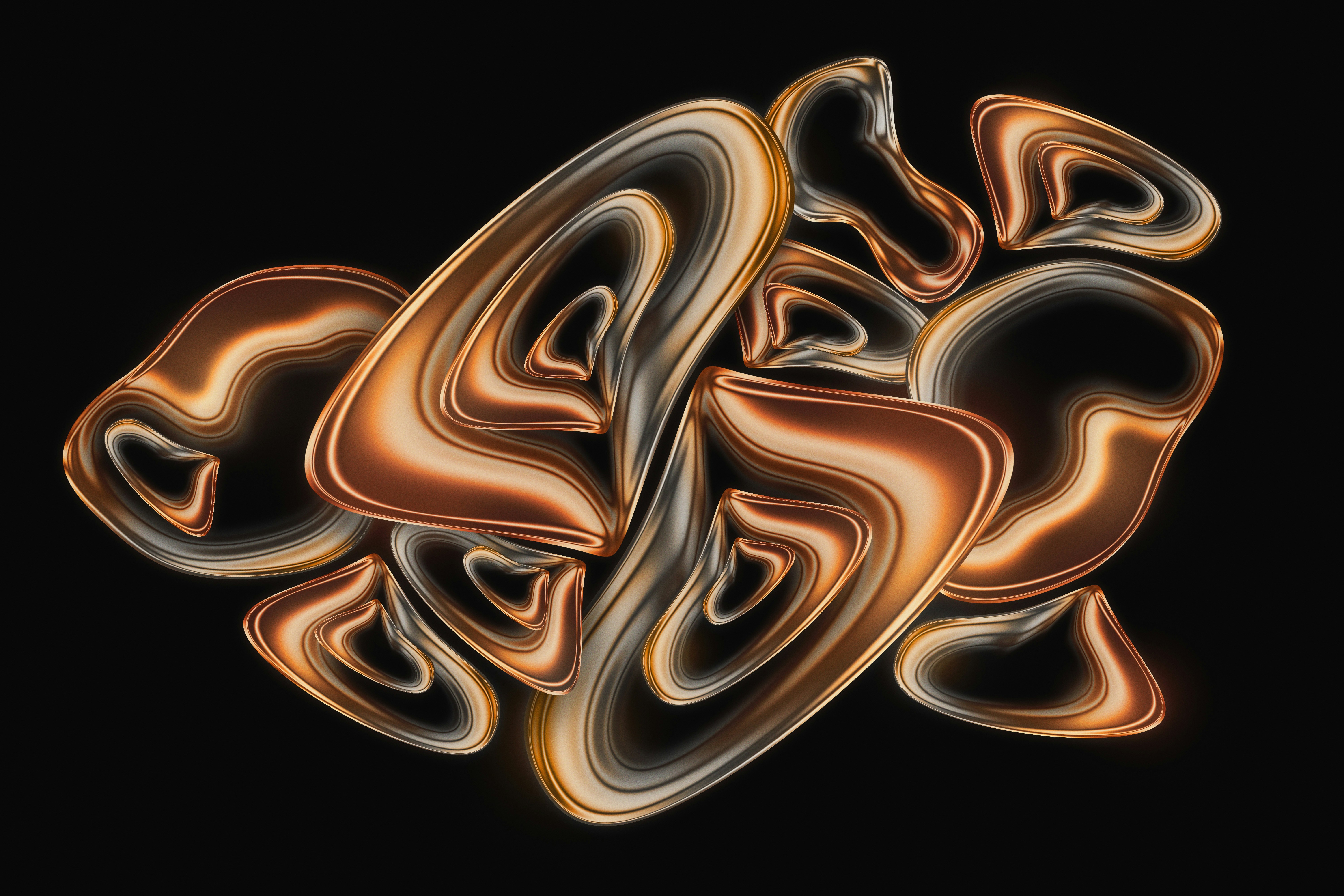 Abstract swirling shapes with metallic sheen on black background