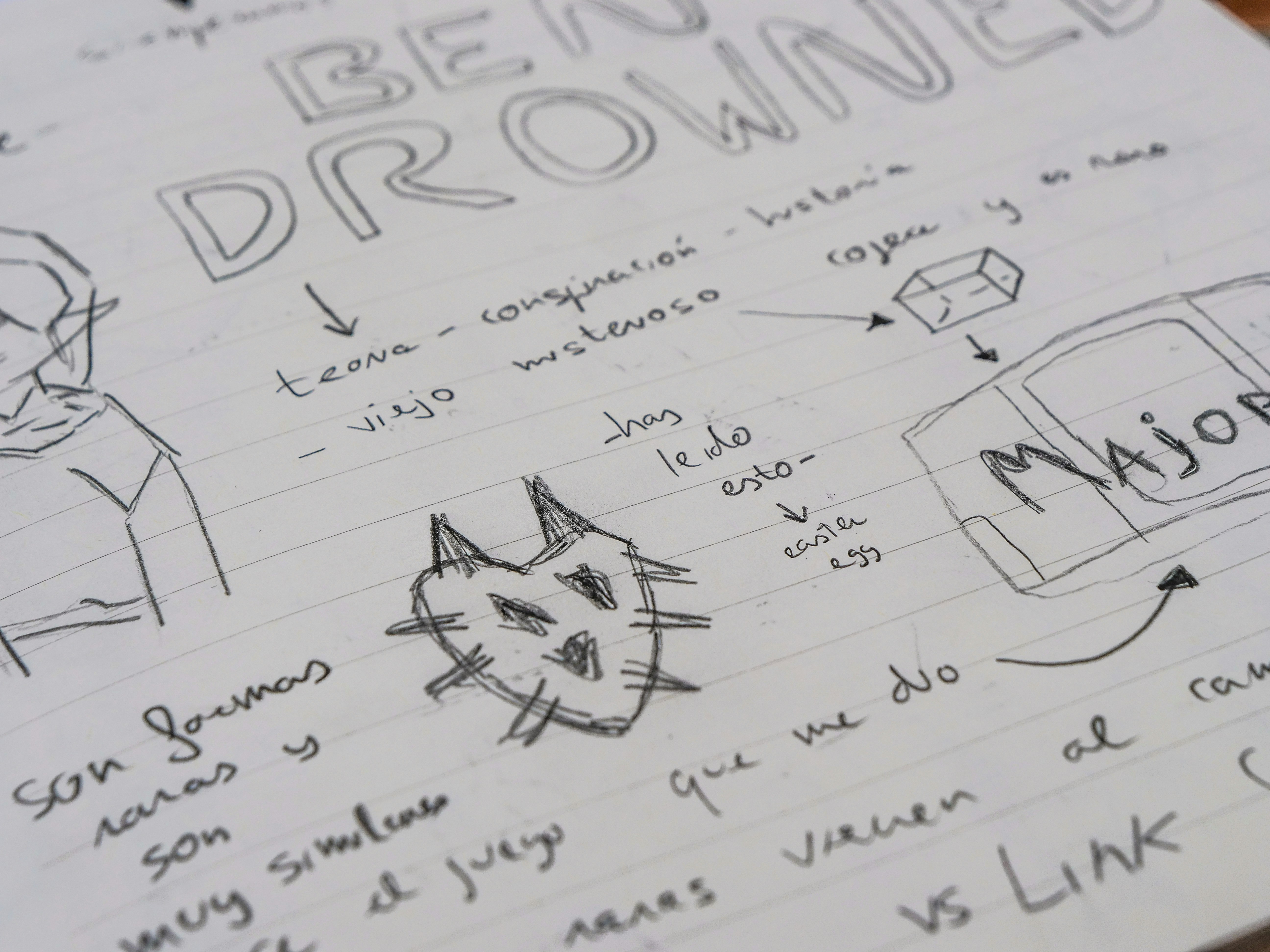 Hand drawn sketches and notes on lined paper.