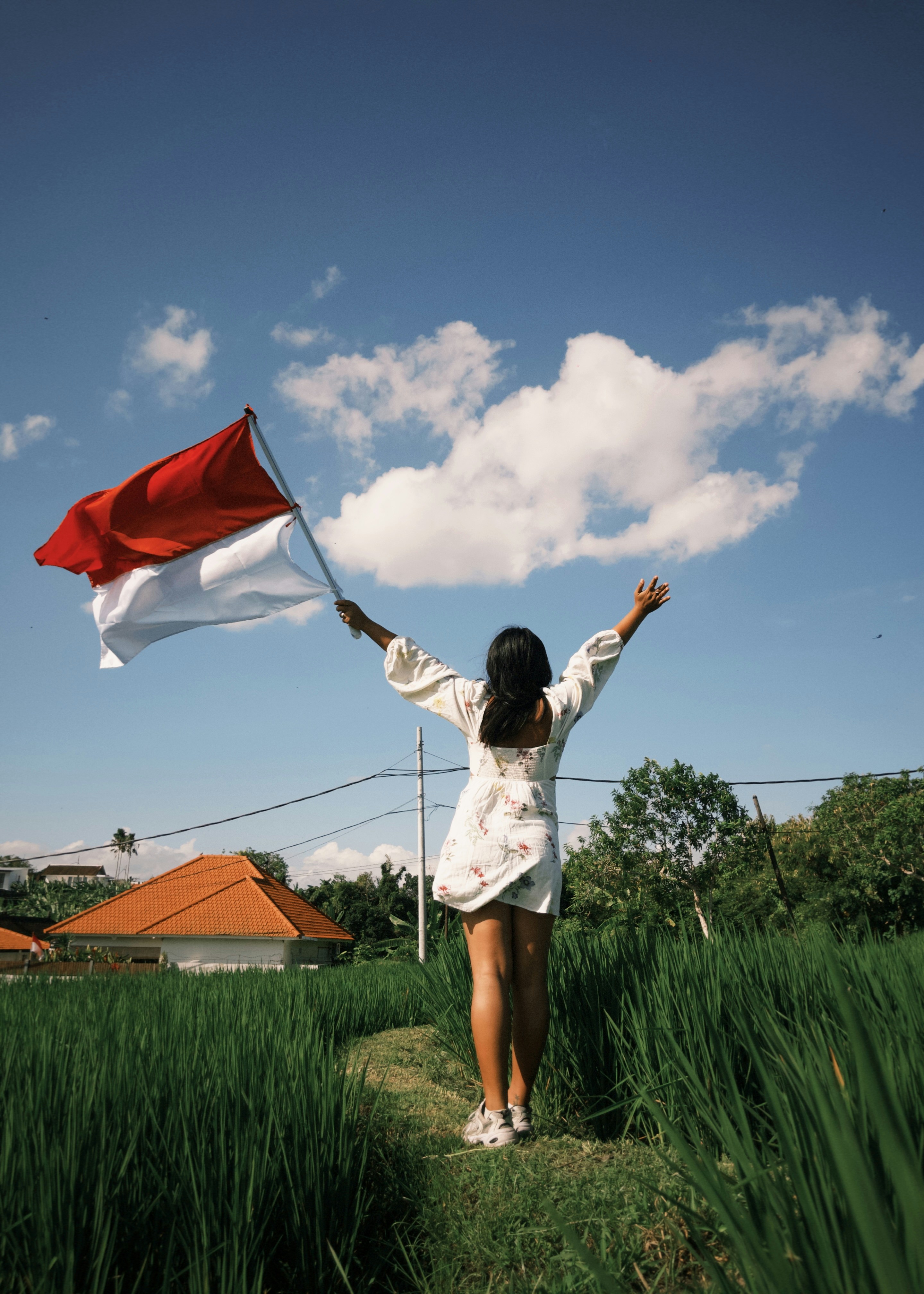Wanita memegang bendera Indonesia di sawah hijau