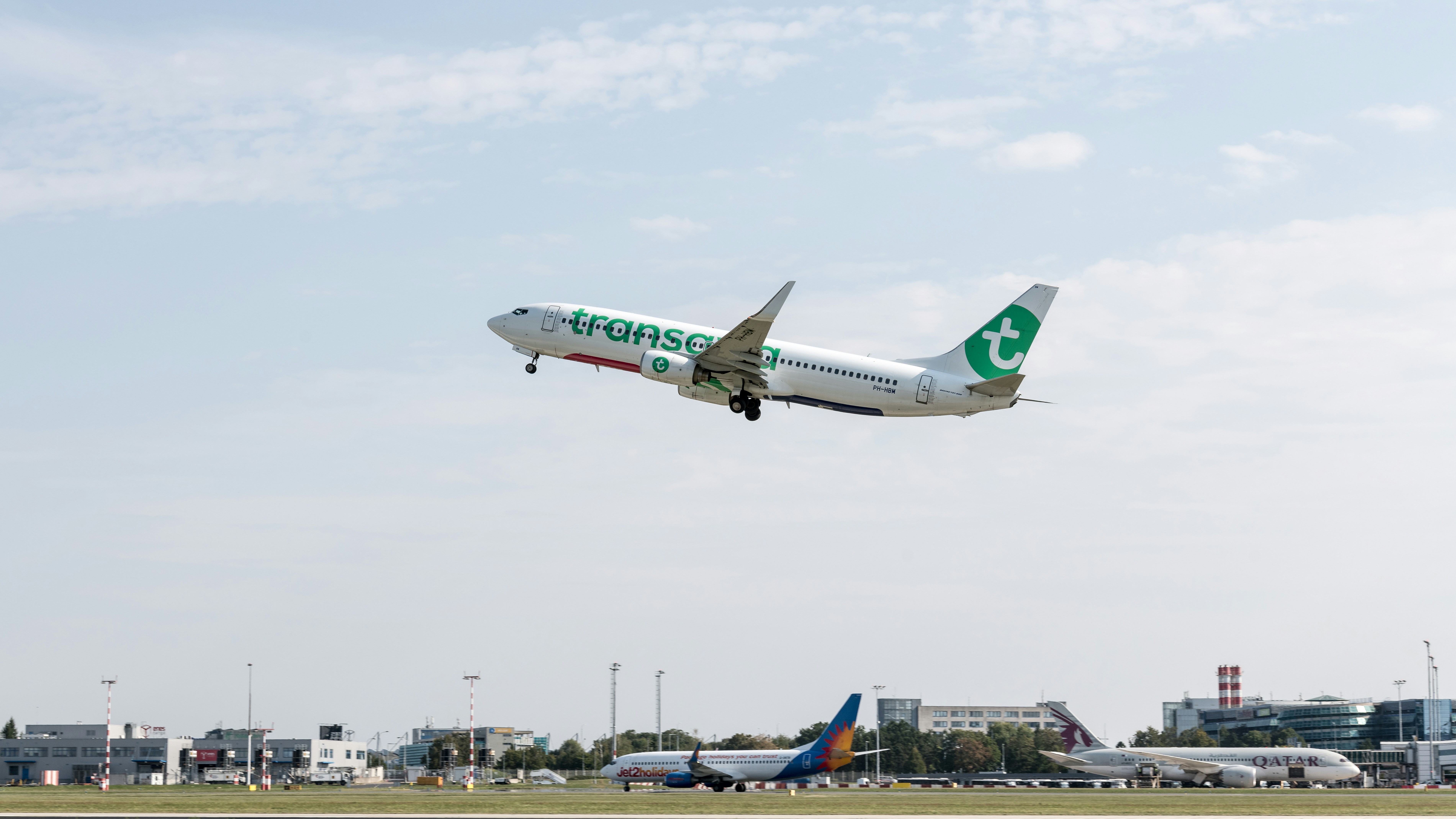 Airplane taking off with a clear sky