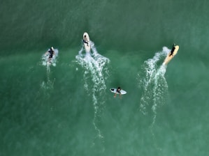 Surfers riding waves on a clear day