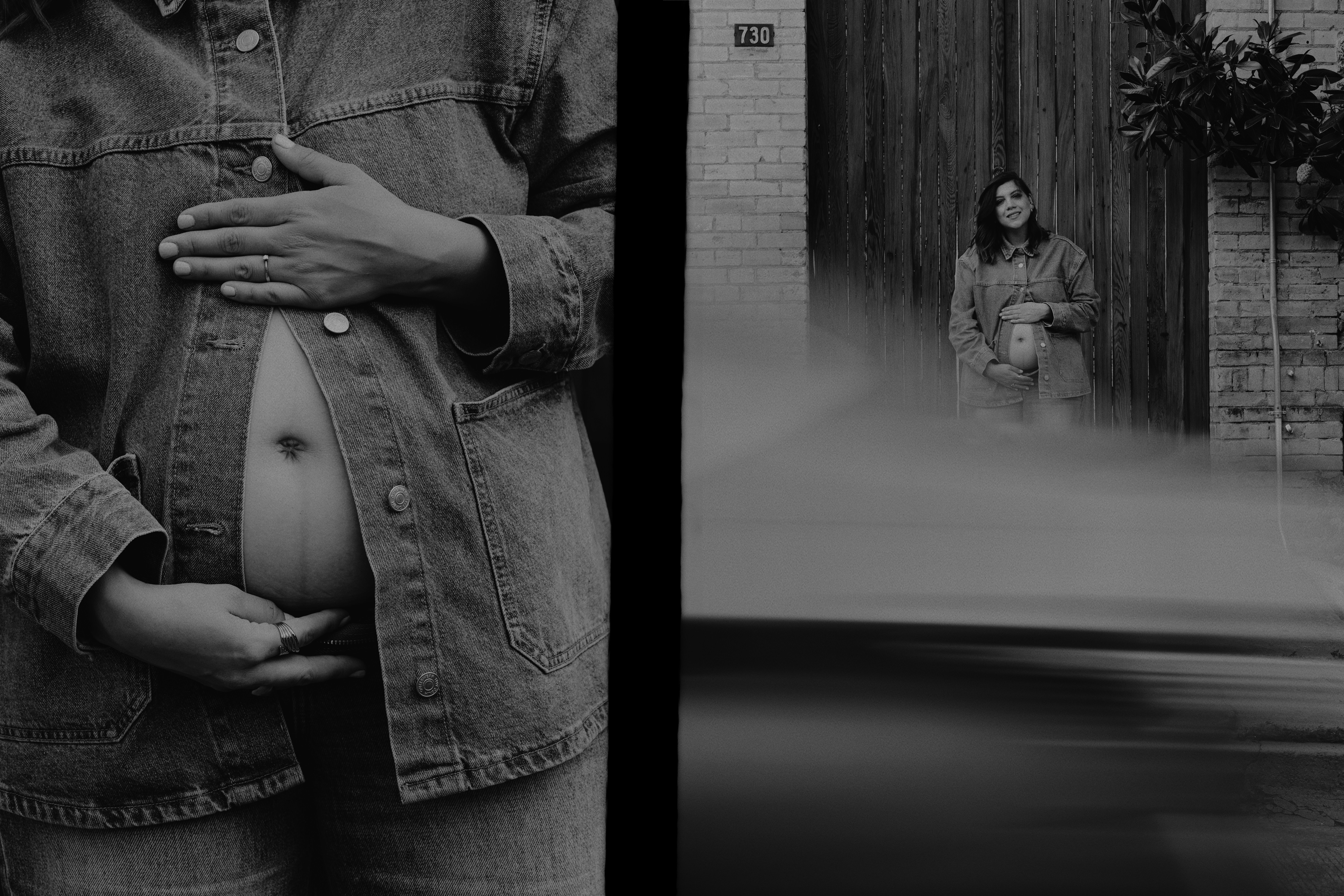 デニムでお腹を押さえている妊婦