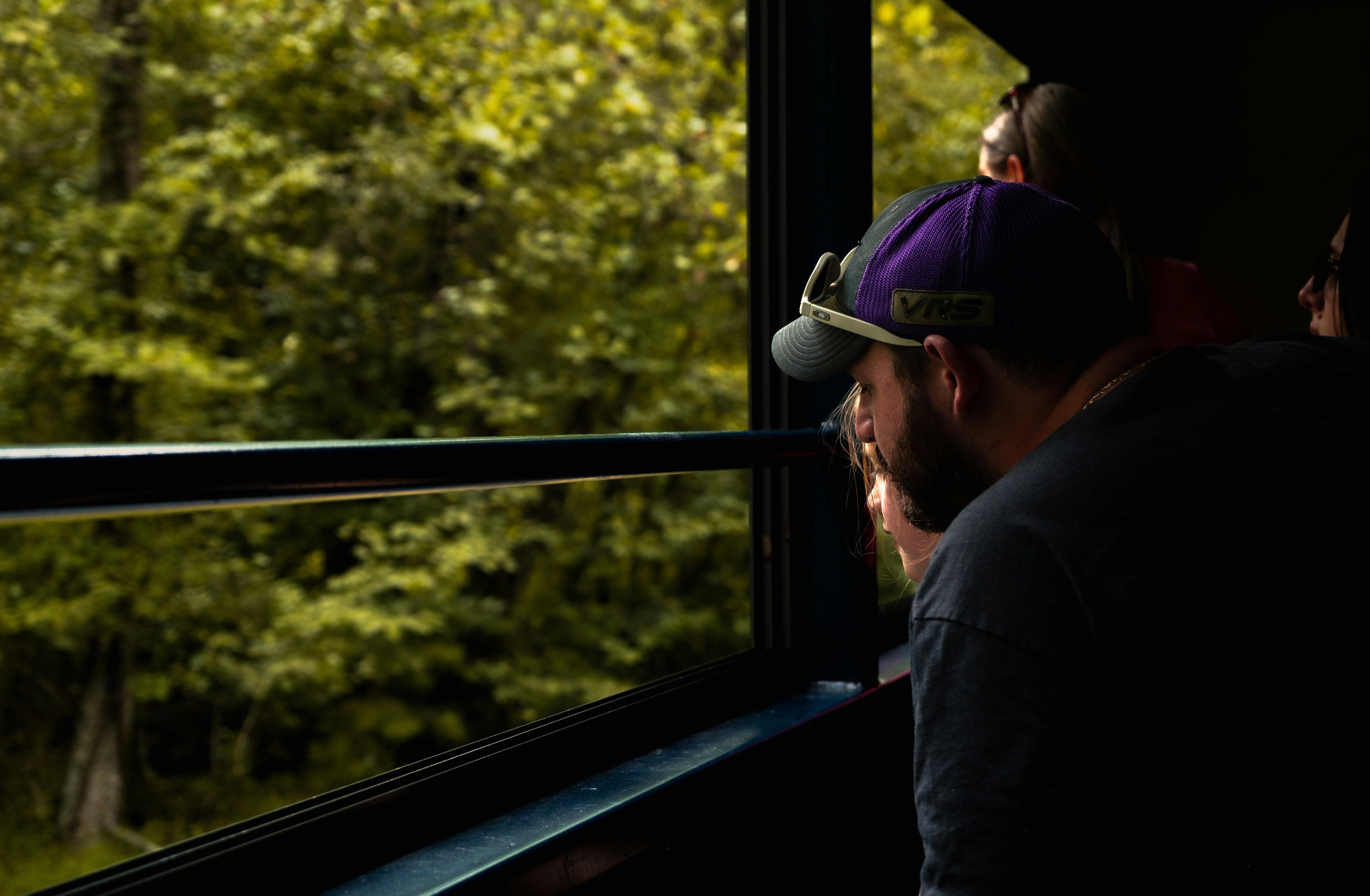 Man looking out train window at trees