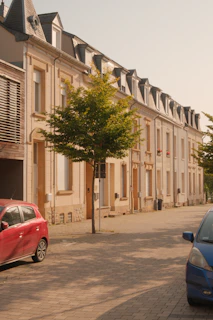 Row of townhouses with a tree and parked cars.