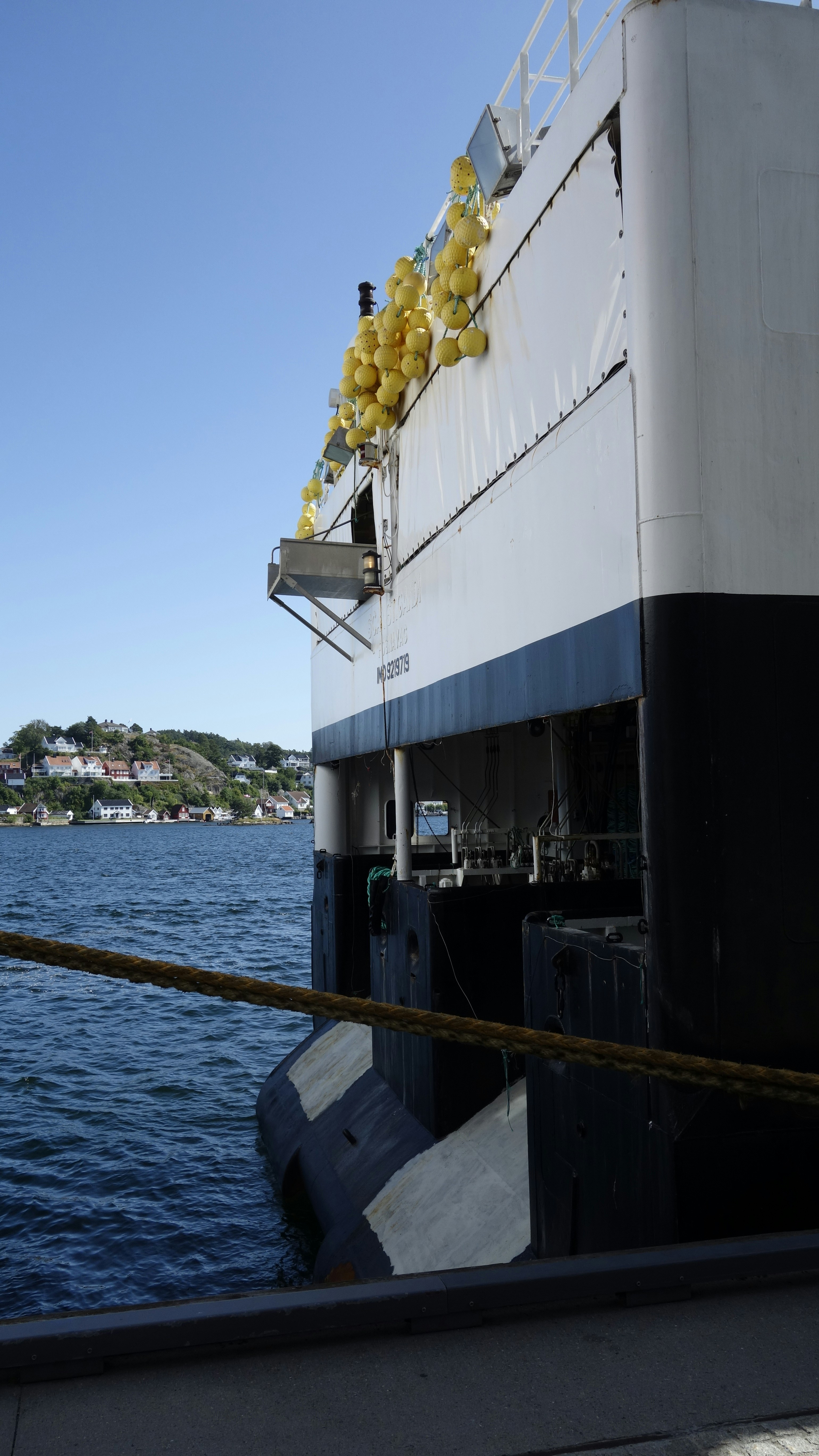 Seitenansicht einer großen Fähre, die in einem Hafen anlegt