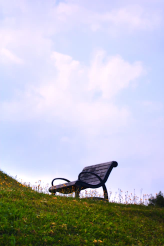 Wooden park bench on a grassy hill under clouds