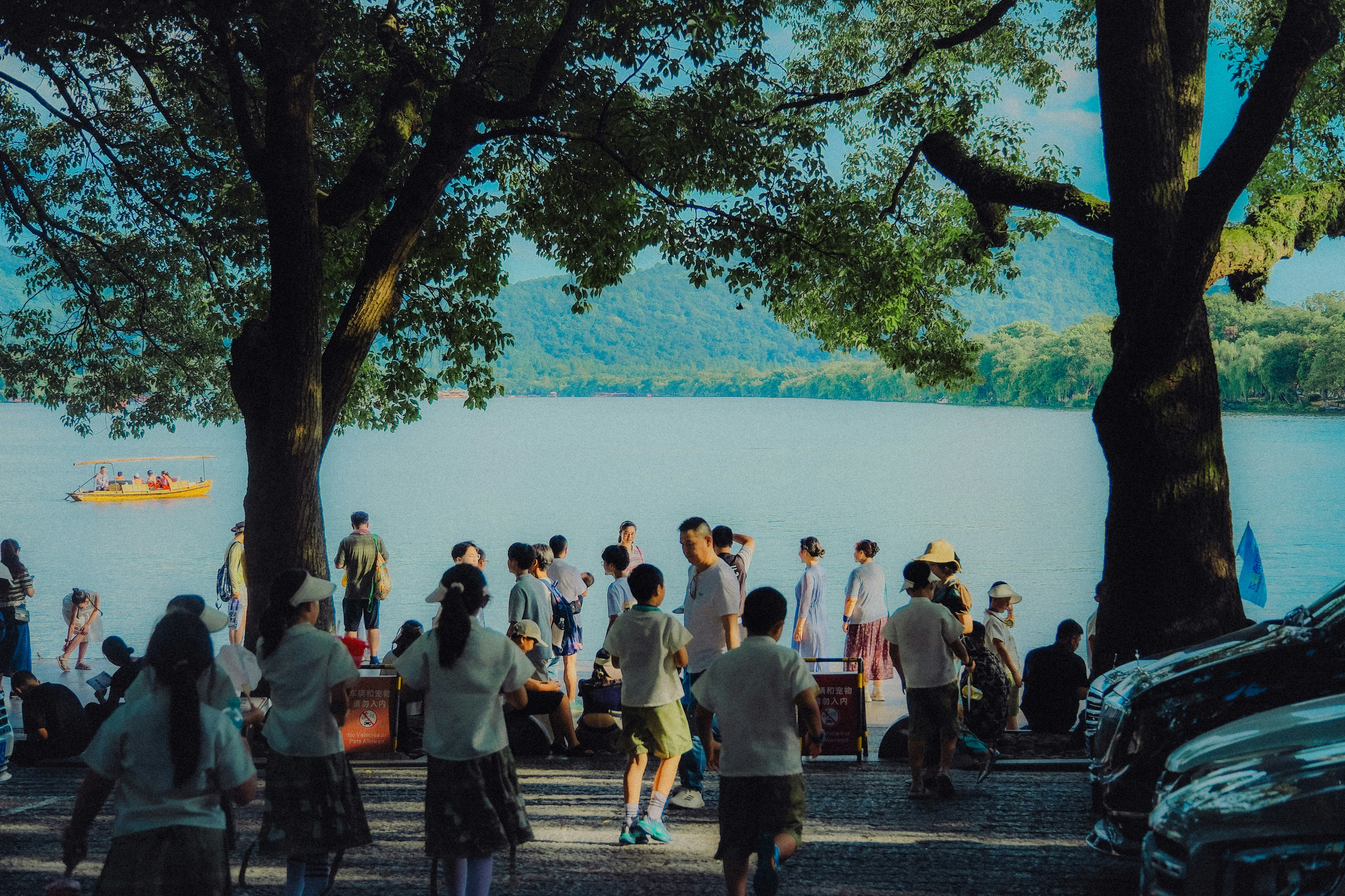 People gathered by a lake with trees and mountains