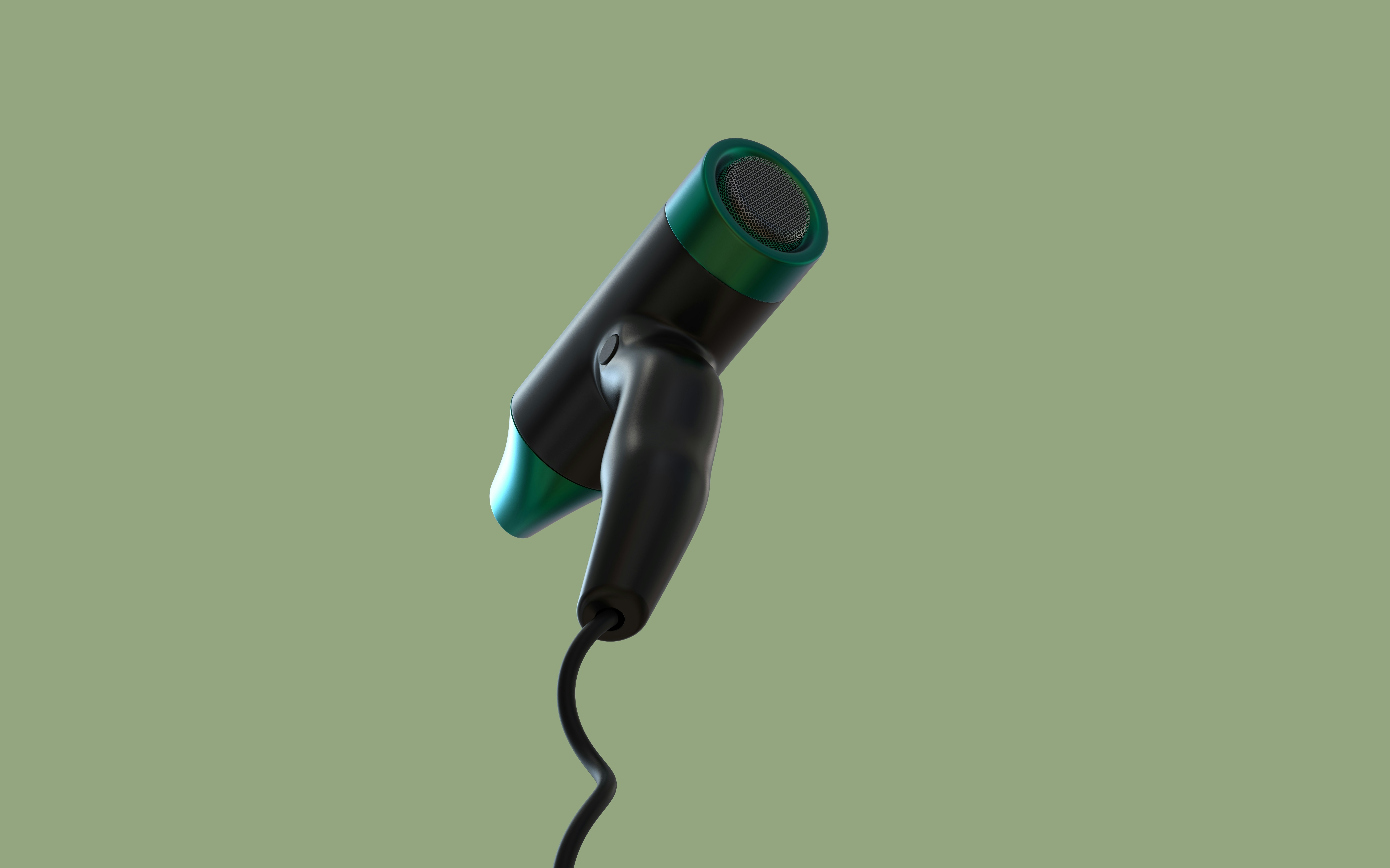 Um secador de cabelo preto e verde em um fundo verde