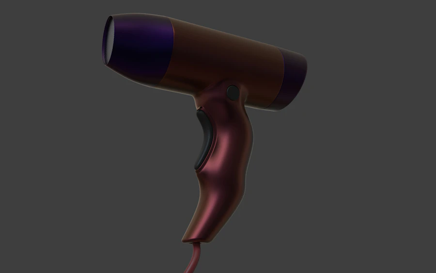 A metallic purple and brown hairdryer on gray background